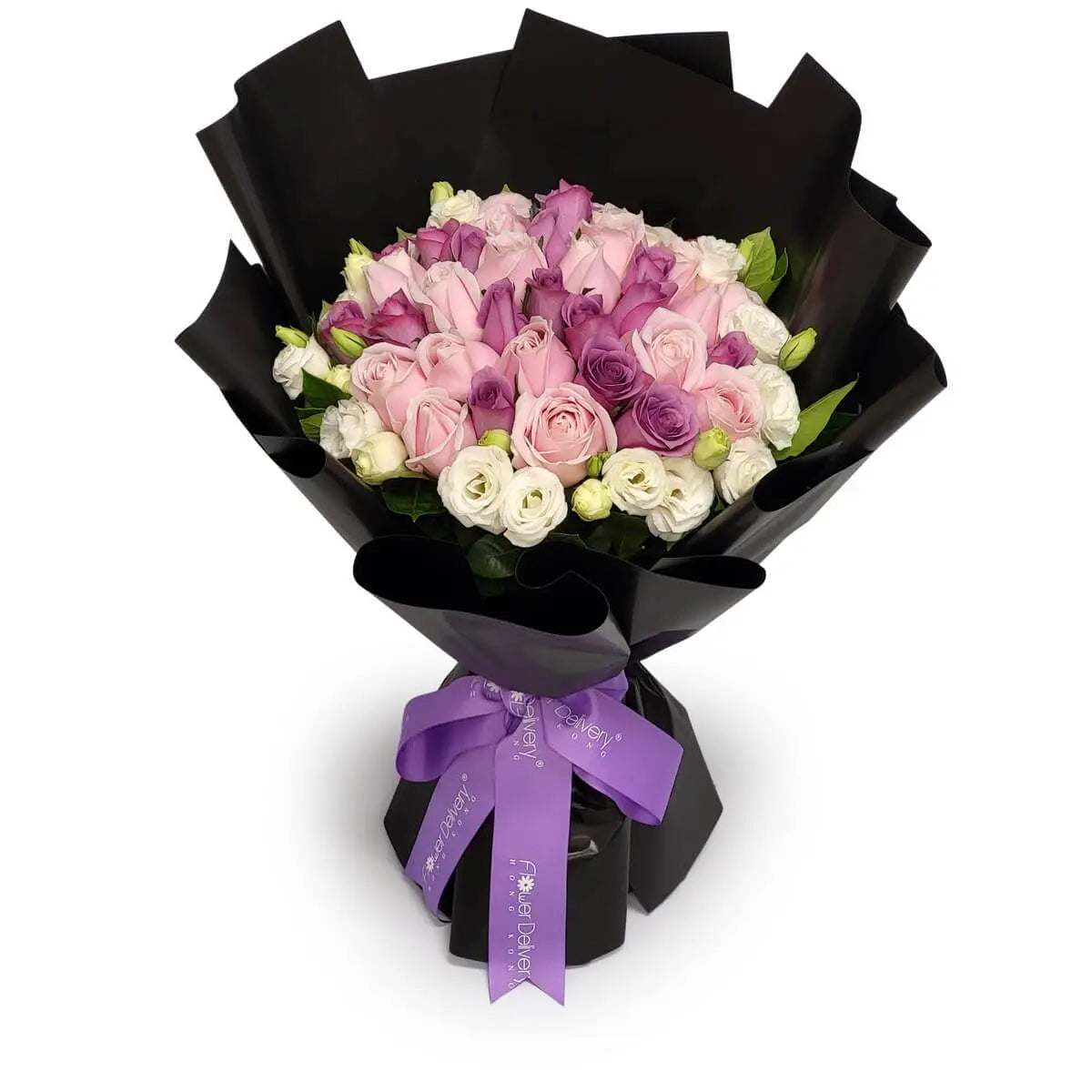 Bouquet of pink, lavender, and white roses with green rosebuds, wrapped in glossy black paper and tied with a lavender ribbon | 粉紅、淡紫與白玫瑰配綠色花苞,黑色包裝並綁薰衣草紫絲帶。