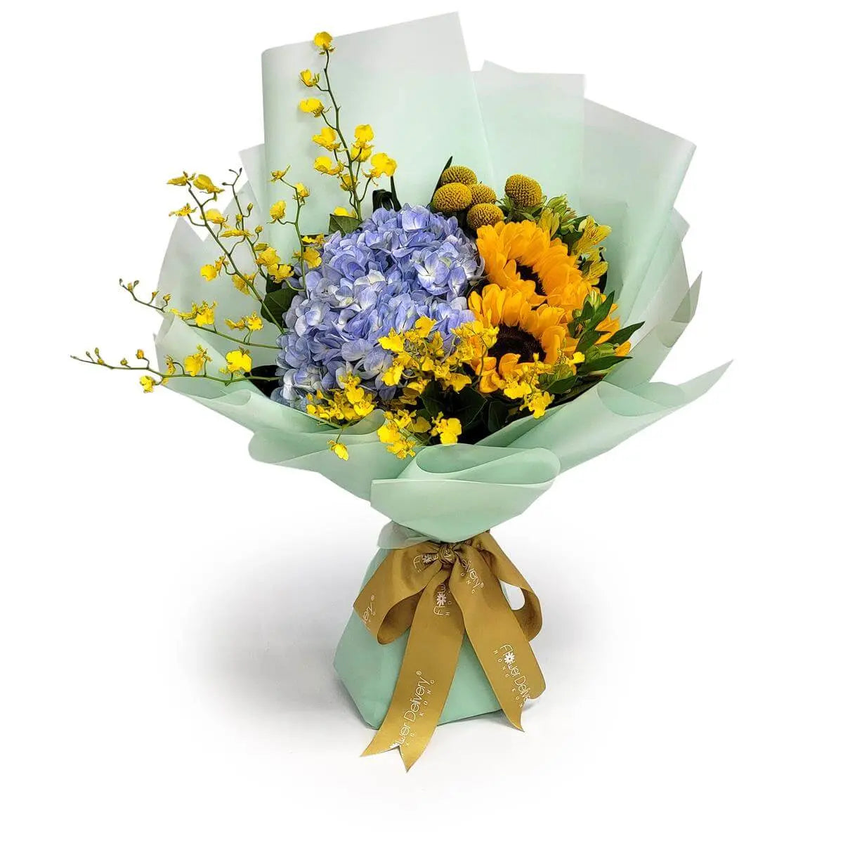 Hand-tied bouquet of sunflowers, blue hydrangeas, yellow oncidium orchids, and craspedia, wrapped in mint green paper with a golden ribbon. 向日葵、藍繡球、黃舞衣蘭與金球花手綁花束,薄荷綠包裝配金絲帶。
