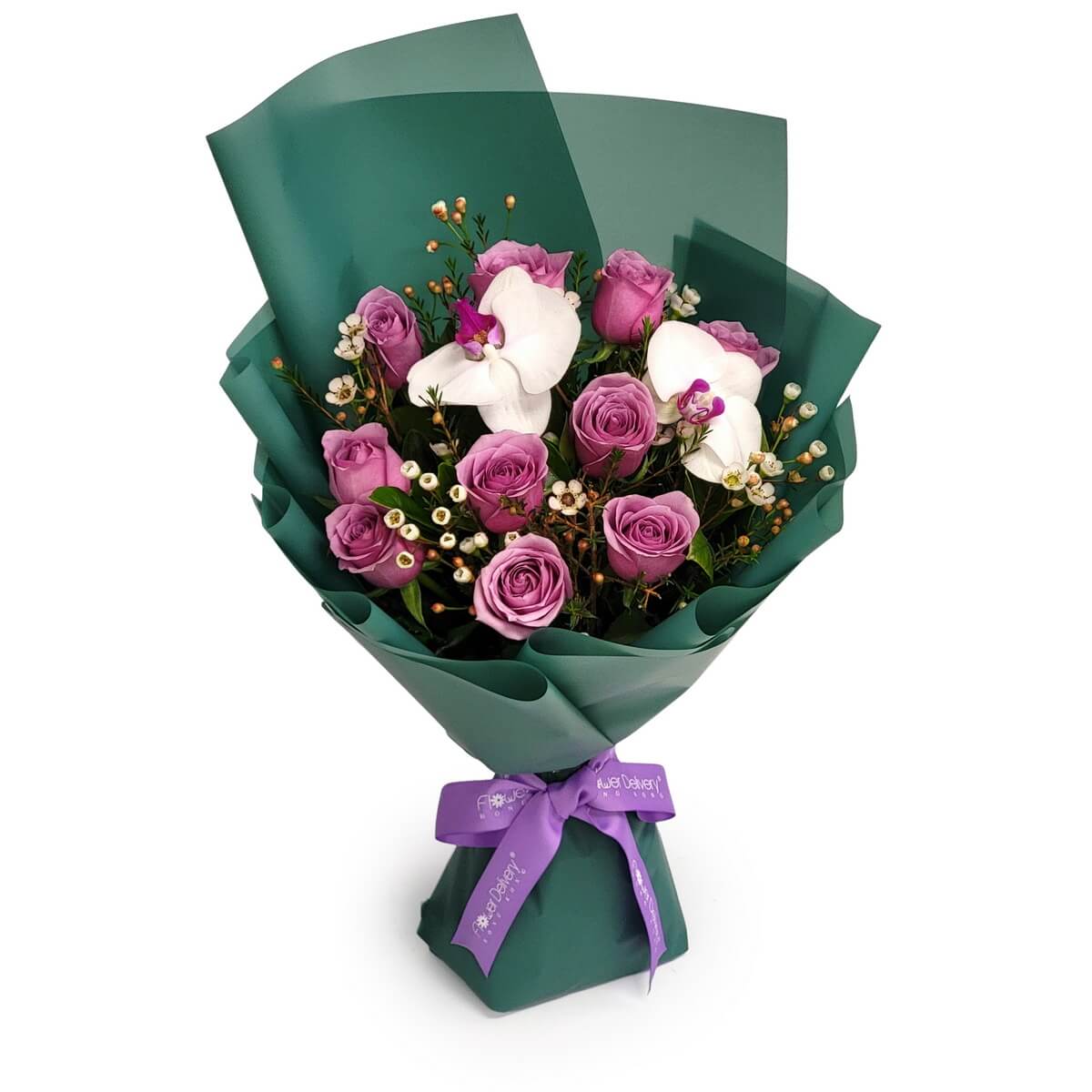 Full bouquet of purple roses accented with white phalaenopsis orchids, berry details and greenery, wrapped in green paper - 紫玫瑰配白色蝴蝶蘭及綠葉的完整花束