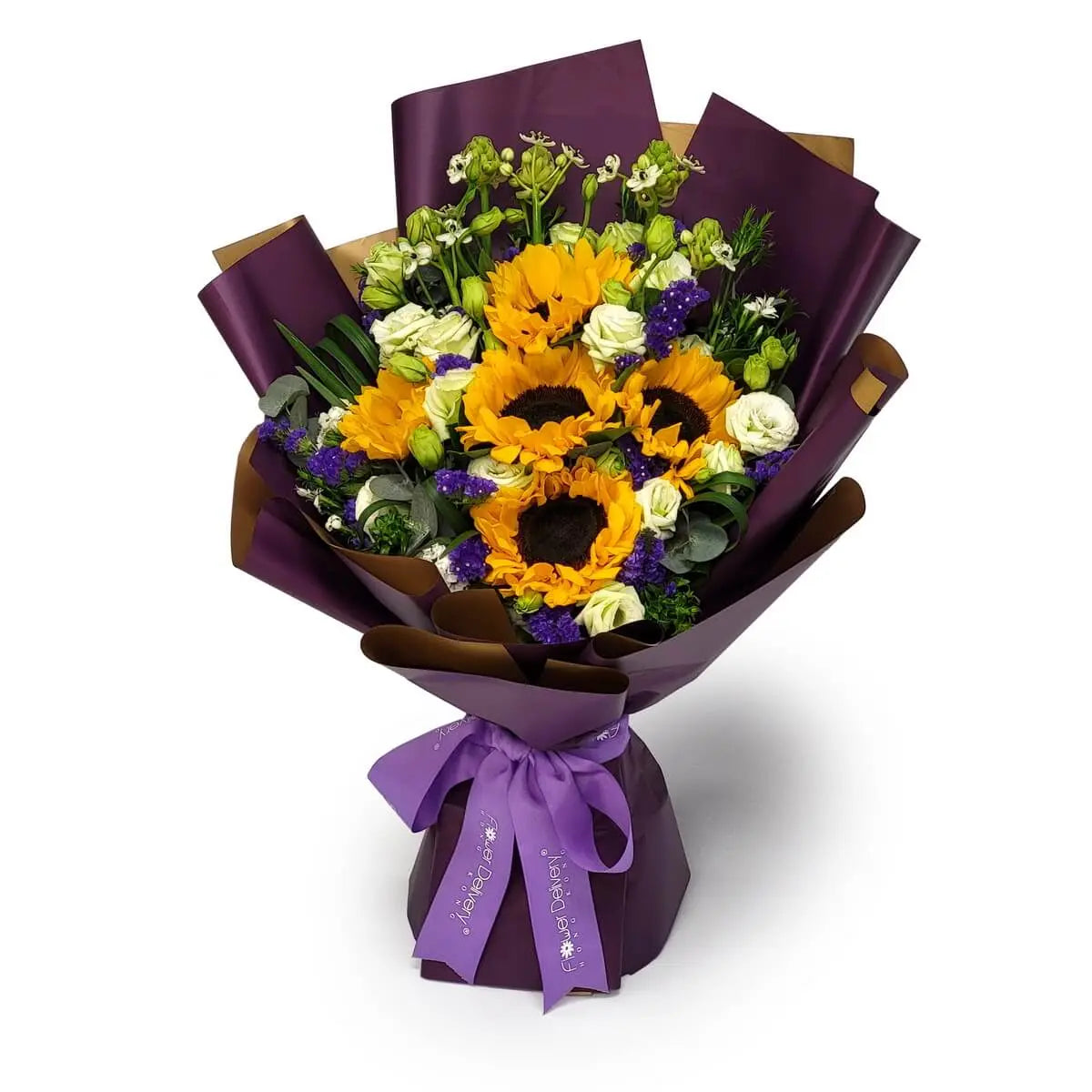 Hand-tied bouquet featuring sunflowers, white lisianthus, and purple statice with mixed greenery, wrapped in dark purple and gold paper. 向日葵、白桔梗與紫勿忘草手綁花束,配綠葉及紫金包裝。