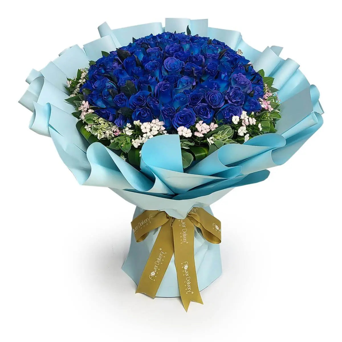 Bouquet of vivid blue roses surrounded by white and pink fillers, wrapped in layered light blue paper and tied with gold ribbon | 鮮藍玫瑰花束,配以白色及粉紅襯花,藍色包裝紙層次包裹,綁以金色絲帶