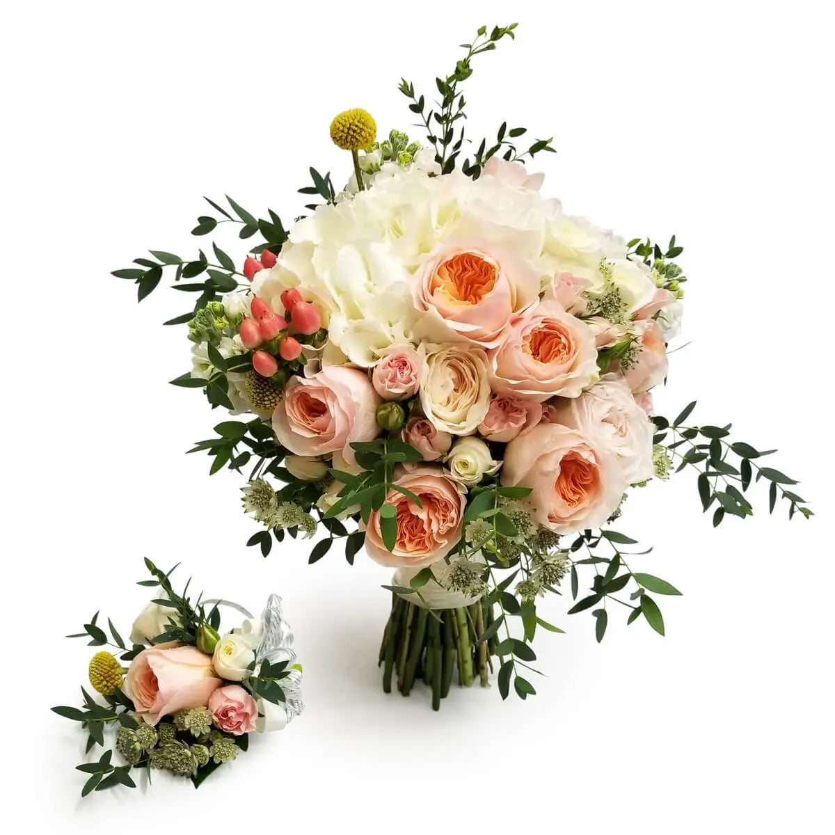 Hand-tied bouquet of champagne garden roses, white hydrangeas, pink hypericum, craspedia, and assorted greenery with boutonniere | 手紮香檳玫瑰、白繡球、粉紅莓果、小球花與綠葉組合,附襯花一束