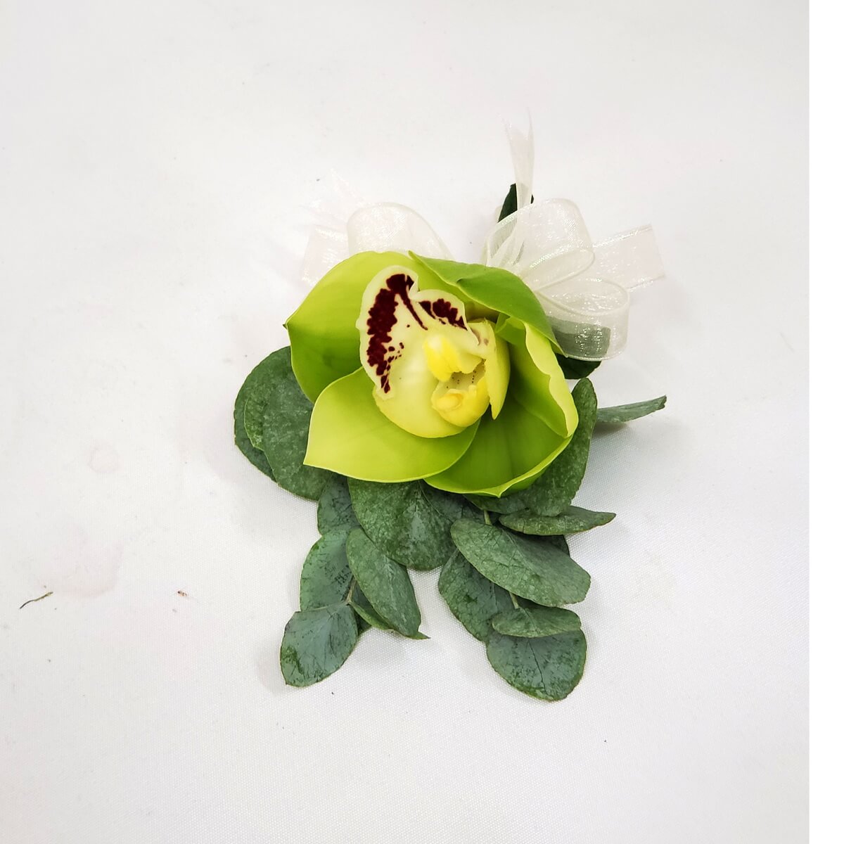 Original image of green cymbidium orchid boutonniere with eucalyptus and ribbon - 綠色文心蘭配尤加利葉及絲帶襟花
