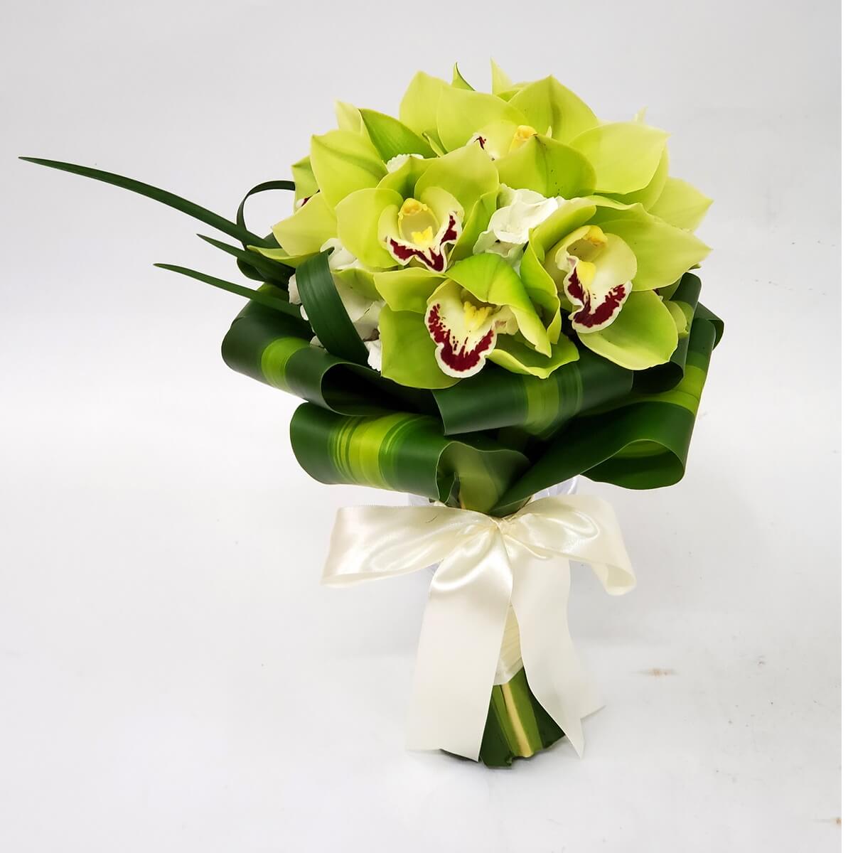 Original photo of hand-tied bouquet of green cymbidium orchids with curled tropical leaves, white filler flowers, and satin ribbon - 綠色文心蘭、捲葉、白配花及緞帶手綁花束