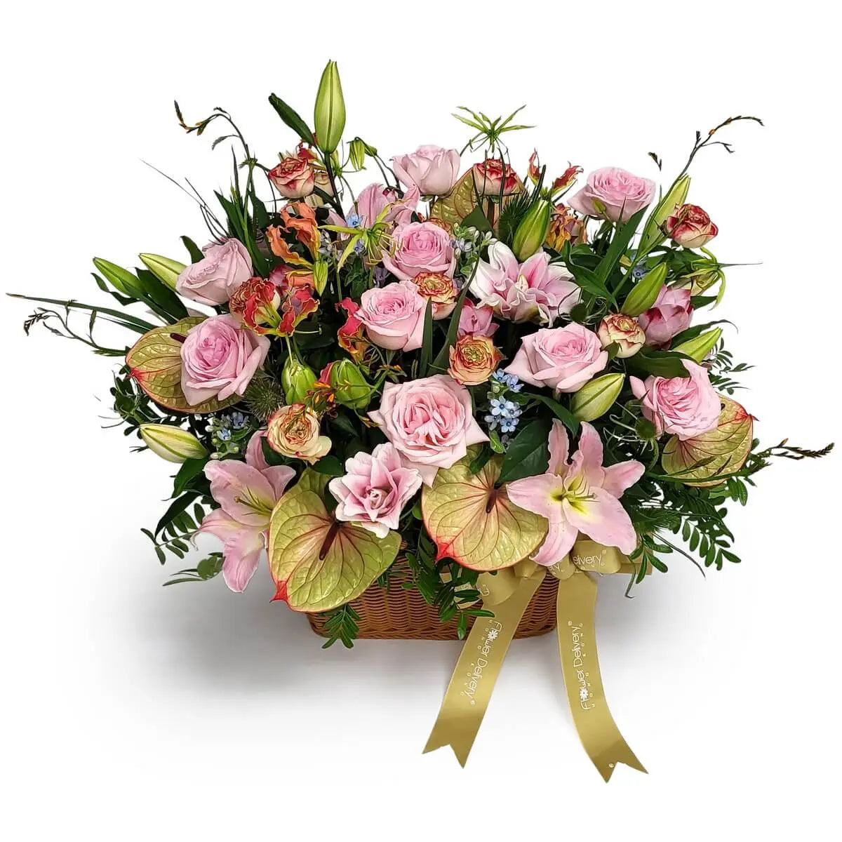 Wicker basket arrangement featuring pink roses, lilies, green anthuriums, spray roses, gloriosa, and mixed foliage | 藤籃設計以粉紅玫瑰、百合、綠火鶴花、迷你玫瑰及嘉蘭花為主,配以各式綠葉點綴。