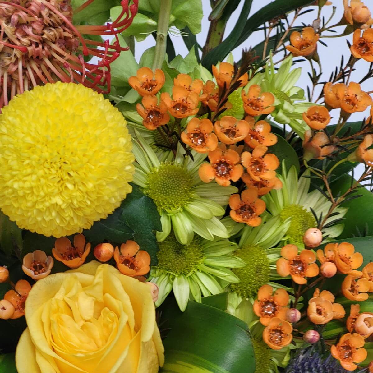 Yellow button chrysanthemum, rose, green daisy and orange waxflowers bouquet - 黃色乒乓菊、玫瑰、綠色雛菊配橙色蠟花束