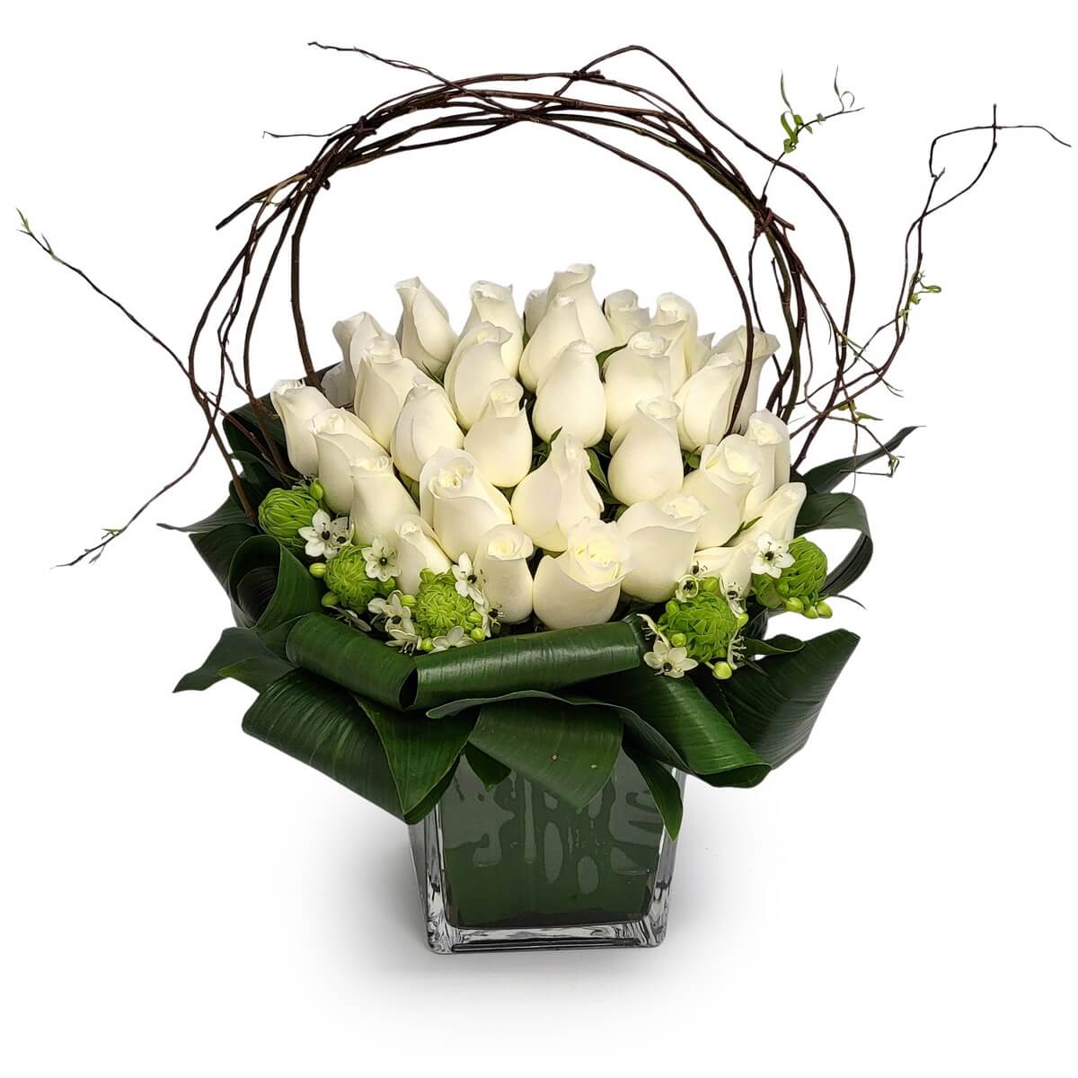 Modern arrangement of white roses with green button flowers, small white blooms, and curled twigs in a square glass vase | 現代風格白玫瑰搭配綠色小菊及白花,藤枝環繞,置於方形玻璃瓶中