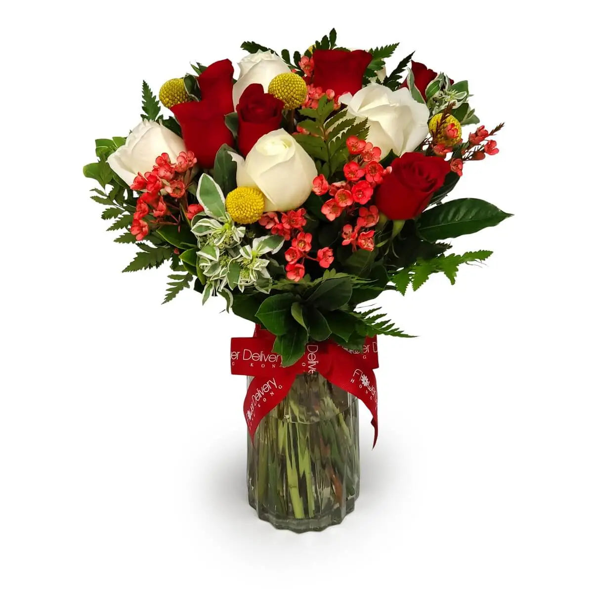 Glass vase with red and white roses, yellow billy balls, coral-pink waxflowers and ferns, finished with variegated greens and red ribbon | 紅白玫瑰配黃球菊、粉蠟花與蕨葉,襯斑葉綠材,玻璃瓶綁紅絲帶。