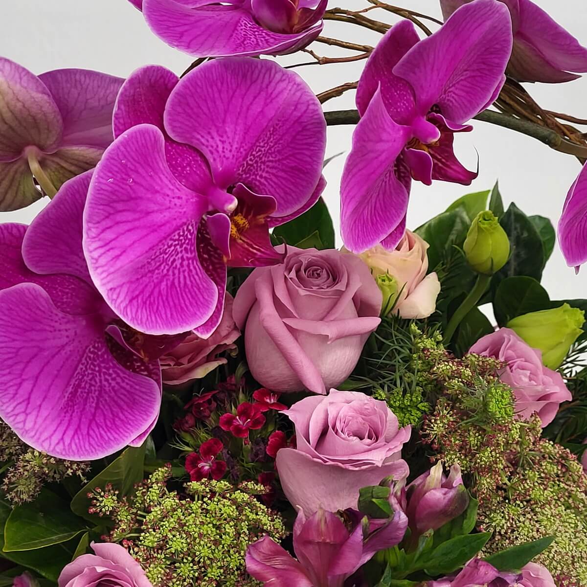 Lavender roses, fuchsia orchids, green Queen Anne’s lace and blush spray roses in full floral display. 紫玫瑰、洋蘭、蕾絲花與嫩粉玫瑰花束。