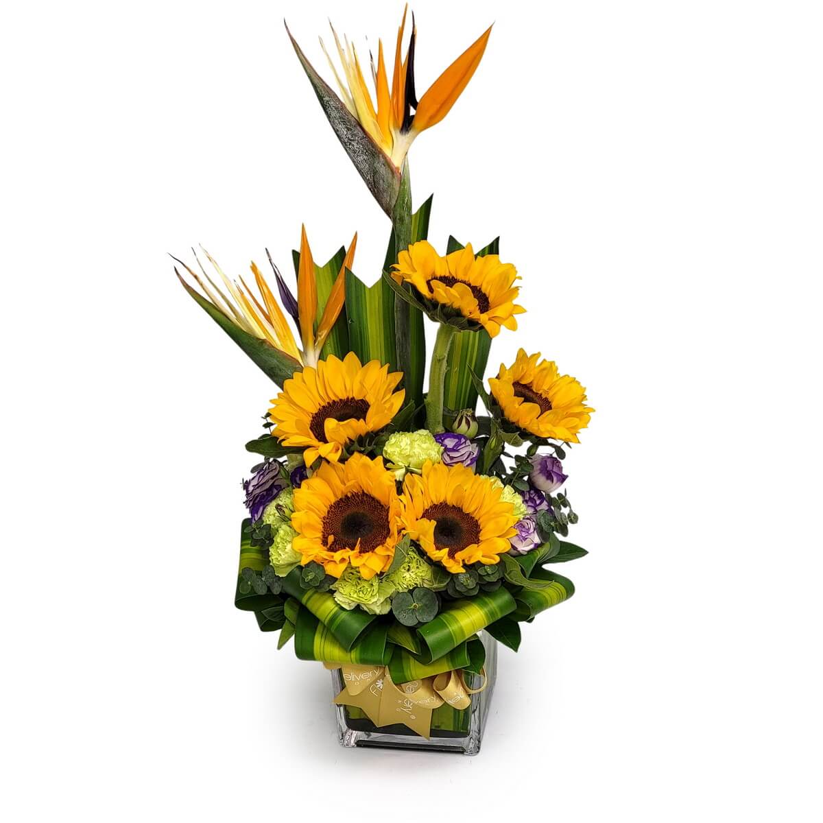 Full vase arrangement of sunflowers, birds-of-paradise, green carnations, purple eustoma, and tropical leaves 向日葵、天堂鳥、青康乃馨、紫洋桔梗及熱帶綠葉大型原圖瓶花