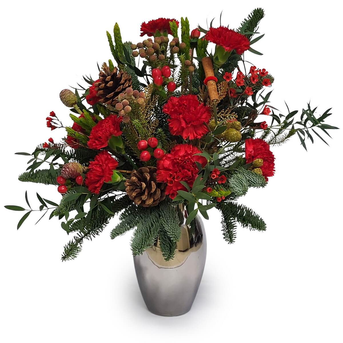 Festive red carnation arrangement with pine, cones and berries in a modern vase. Warm Christmas style with same day delivery. Order now.
聖誕紅色康乃馨花藝,配松葉、松果及漿果,設計感十足。提供即日送花服務,立即訂購。