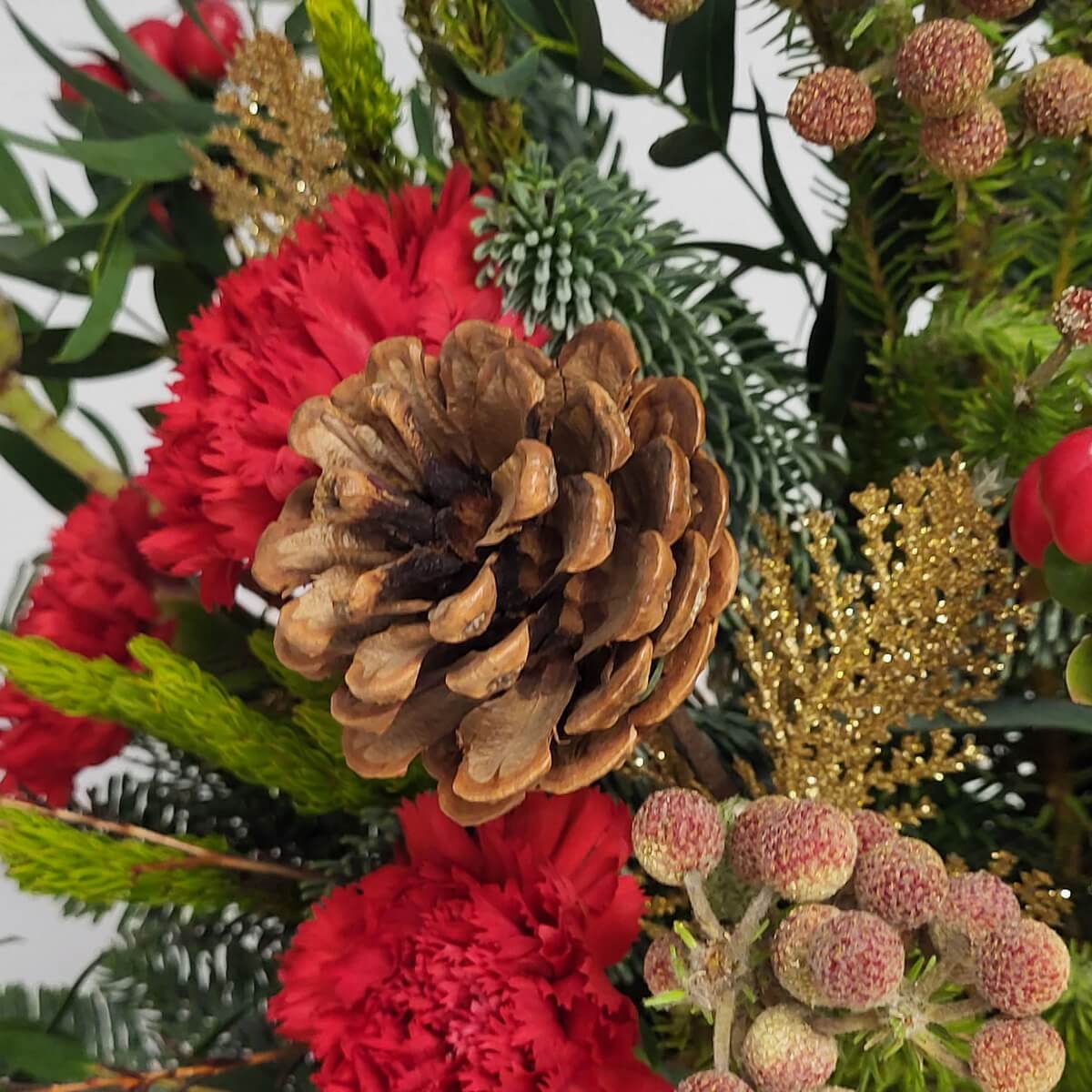 Close-up of brown pinecone with red carnations, pale billy button clusters, fir and cypress greenery, and gold glittered foliage in a festive arrangement - 花藝特寫含棕色松果、紅康乃馨、淡色鈕釦花、松柏葉材及金粉葉飾