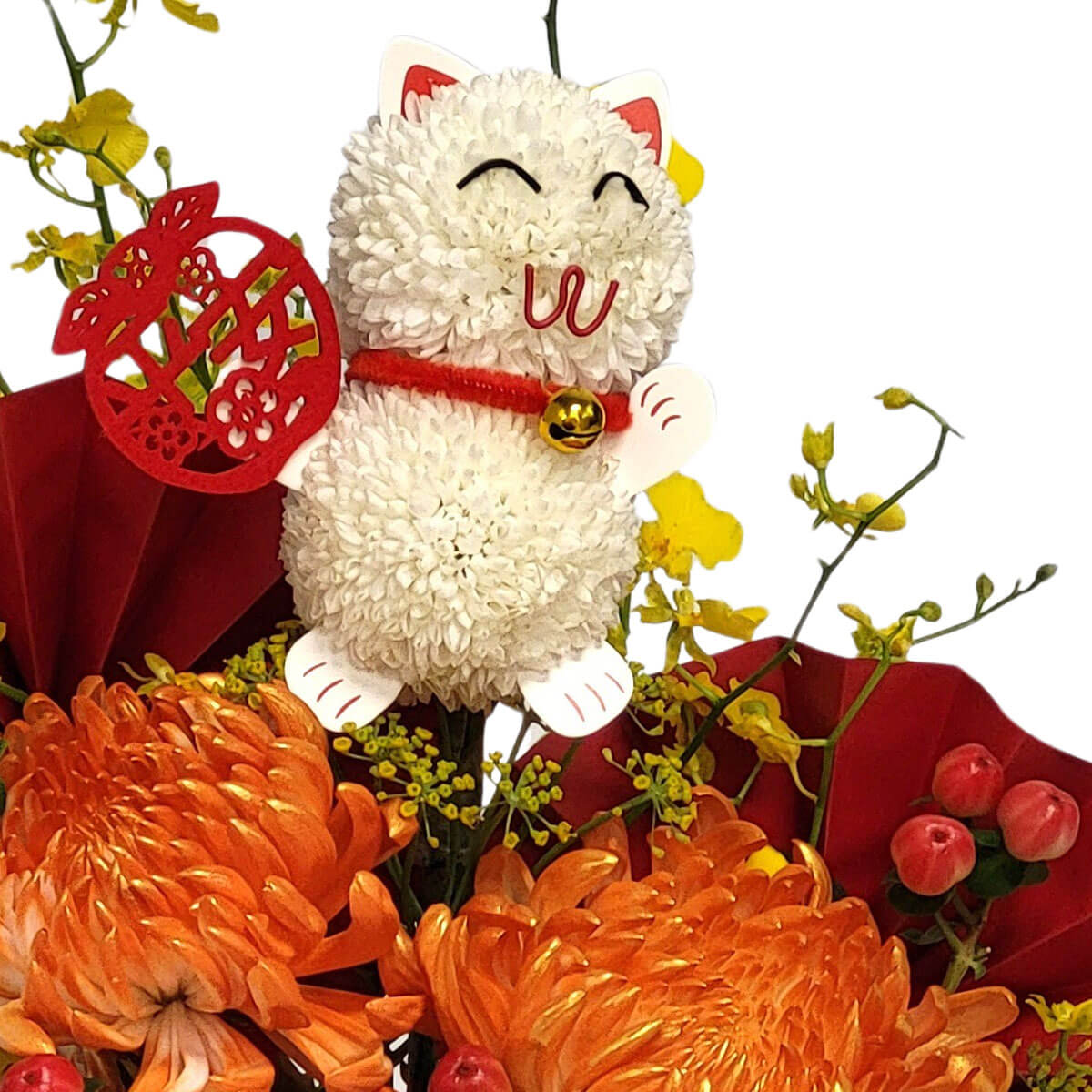 Cheerful white lucky cat with red charm amid orange chrysanthemums and yellow dancing orchids 白色招財貓與紅飾點綴橙菊與黃跳舞蘭,洋溢節慶喜悅與好運祝福。