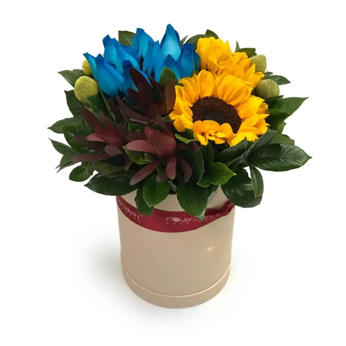 Cream floral box featuring vibrant sunflowers, vivid blue-tinted roses, deep red foliage, and glossy green leaves | 奶白色花盒配鮮黃向日葵、藍玫瑰、紅葉及翠綠葉材,對比鮮明醒目。