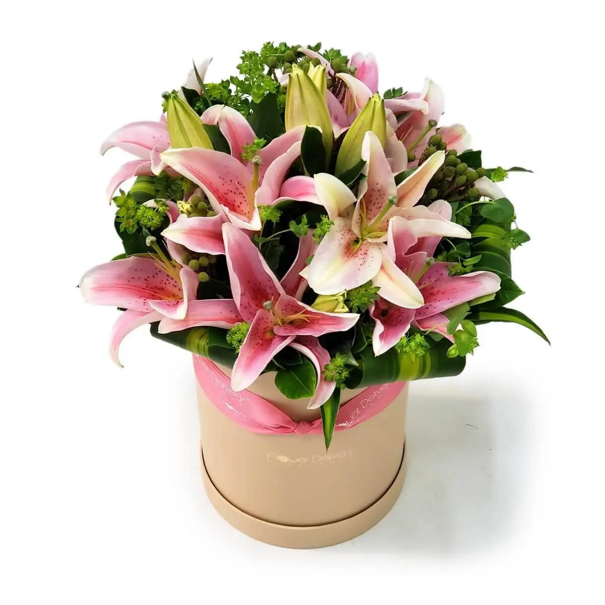 Arrangement of pink speckled Oriental lilies with green foliage and buds in a round beige hatbox with pink ribbon | 粉紅斑點東方百合配綠葉與花苞,米色圓形花盒搭配粉紅絲帶