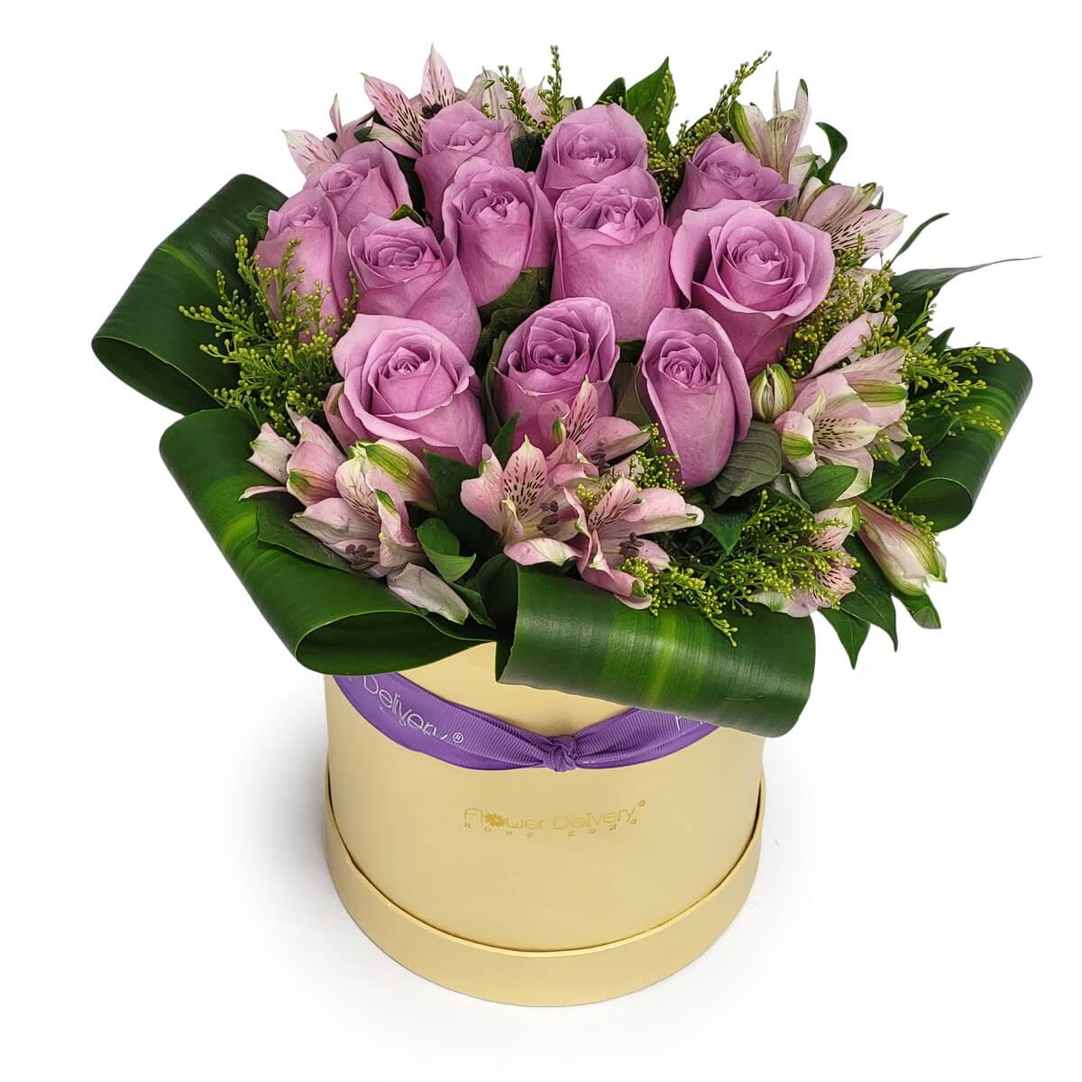 Lavender rose and pink alstroemeria floral hatbox with layered greenery in original photo, elegant rounded design 薰衣草玫瑰粉色小百合花盒 原相高雅設計