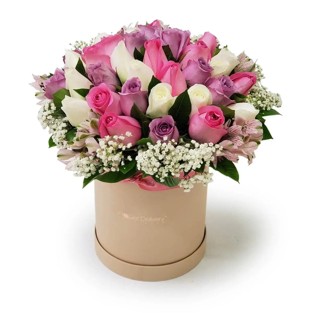 Elegant box of roses in soft pink, purple, and white hues | 柔和粉色、紫色與白玫瑰搭配滿天星與綠葉,花盒精緻大方,傳遞浪漫祝福,適合各種節慶與紀念日。