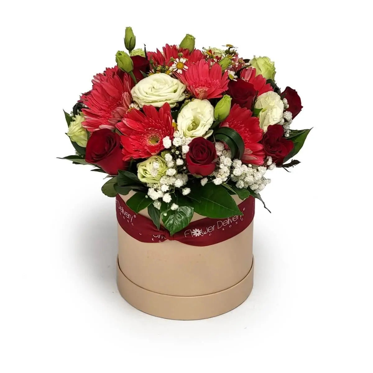Mixed flower hatbox with red gerberas, red and white roses, lisianthus, chamomile, and baby's breath in a beige box with maroon ribbon | 混合花禮盒內有紅非洲菊、紅白玫瑰、桔梗、洋甘菊與滿天星,米色圓形花盒繫上酒紅絲帶