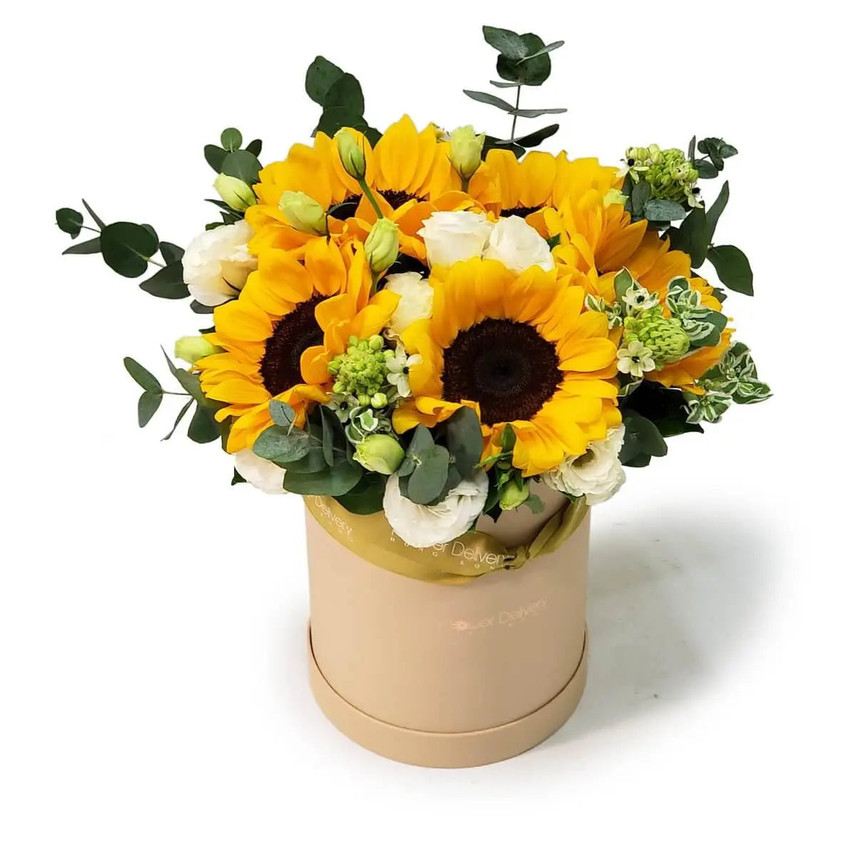 Vibrant arrangement of sunflowers, white lisianthus, green fillers, and variegated foliage in a beige cylindrical box tied with gold ribbon | 向日葵配白桔梗、綠色配花與斑葉植物,擺放於綁有金色絲帶的米色圓筒花盒中