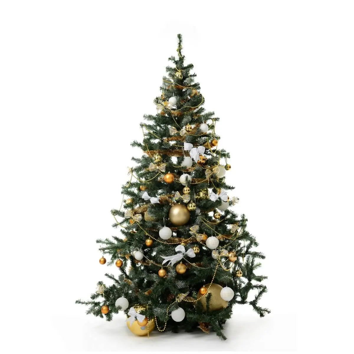 Green Christmas tree adorned with gold and white baubles, mesh bows, and glittering garlands. 綠色聖誕樹裝飾金白色球形飾物、紗帶蝴蝶結與閃亮繩帶,營造節日氣氛。