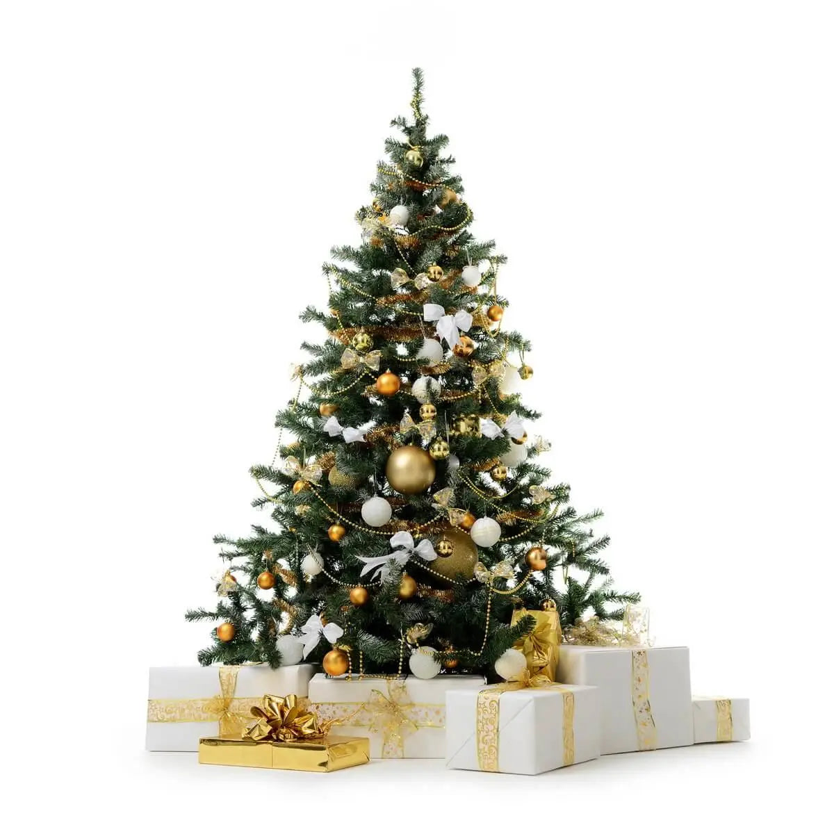 Green Christmas tree adorned with gold and white baubles, bows, and garlands, surrounded by white gift boxes with gold wrapping. 綠色聖誕樹裝飾金白色球飾、蝴蝶結與亮片繩,襯托多個金帶白盒禮物。
