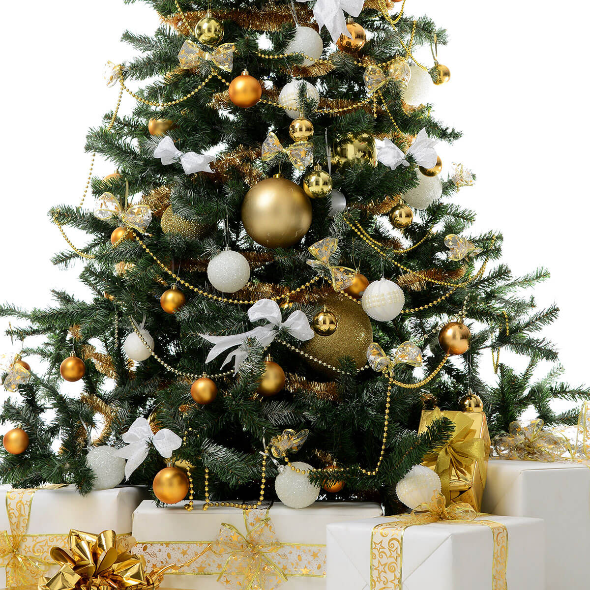 A festive Christmas tree adorned with gold and white ornaments, surrounded by white gift boxes tied with golden ribbons – 聖誕樹掛滿金白飾品,底部放著綁金色緞帶的白色禮物盒