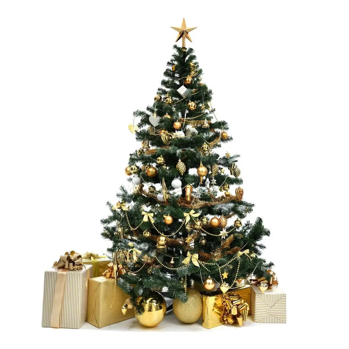 Lush green Christmas tree decorated with gold baubles, chains, bows, and star topper, with gold-wrapped gifts at the base | 金色飾品與絲帶裝飾的聖誕樹,配上多個金色包裝禮物盒,氣氛濃厚。