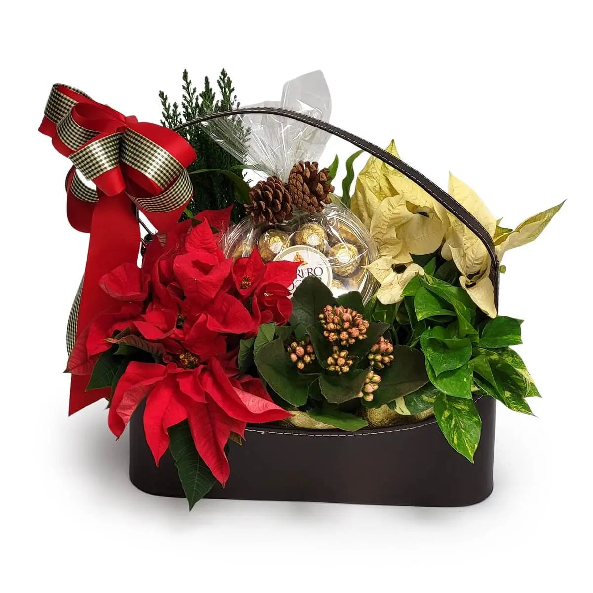 Holiday gift basket featuring red and white poinsettias, foliage, pinecones, Ferrero Rocher chocolates, and ribbon bow - 節日禮籃配紅白一品紅、綠植、松果與金莎朱古力,紅色絲帶蝴蝶結點綴整體設計。