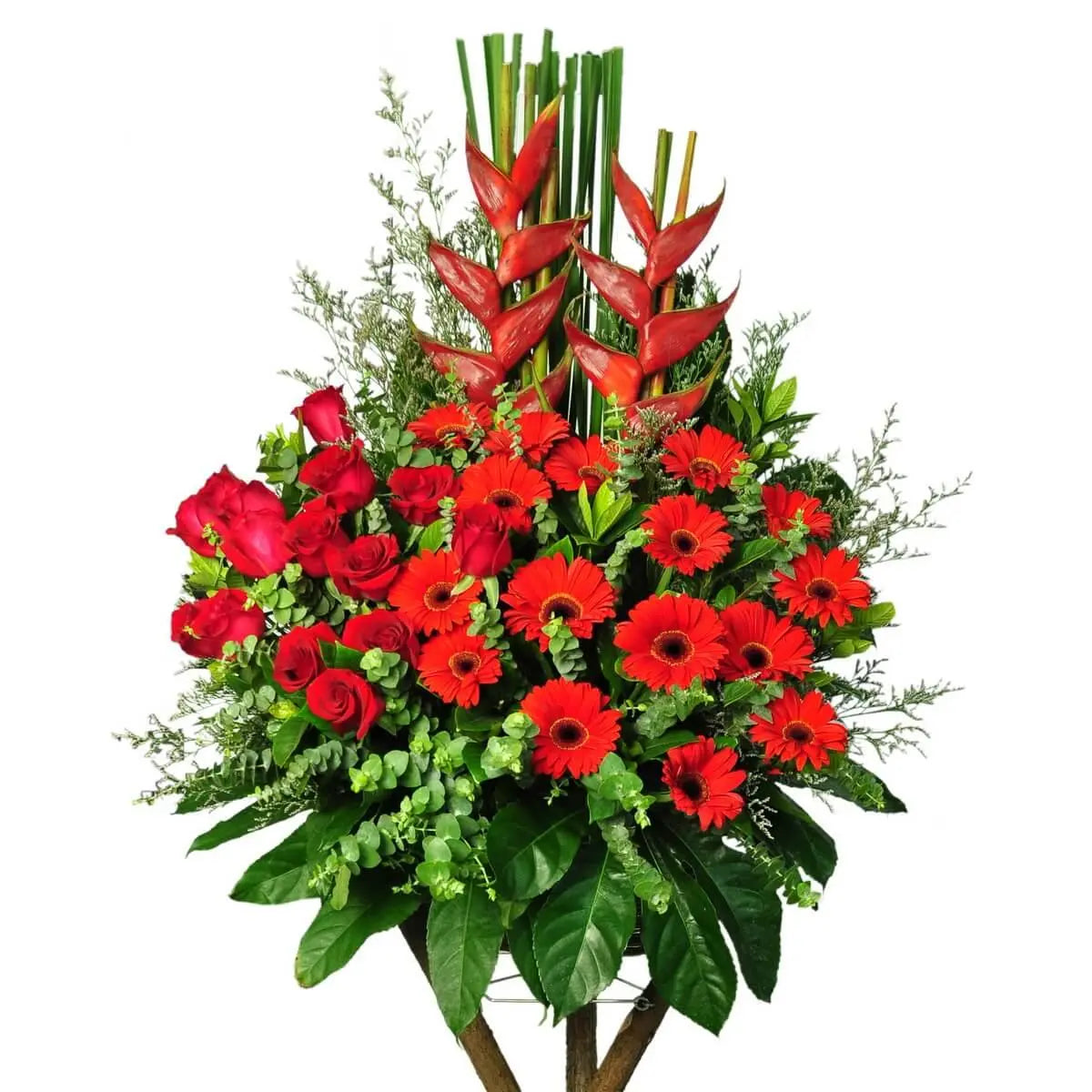 Vertical standing arrangement of red gerberas, roses, heliconia, eucalyptus, and lush green foliage | 紅色非洲菊、紅玫瑰、天堂鳥、銀葉尤加利及濃綠葉材構成的豎立式花牌,配搭鮮明醒目。