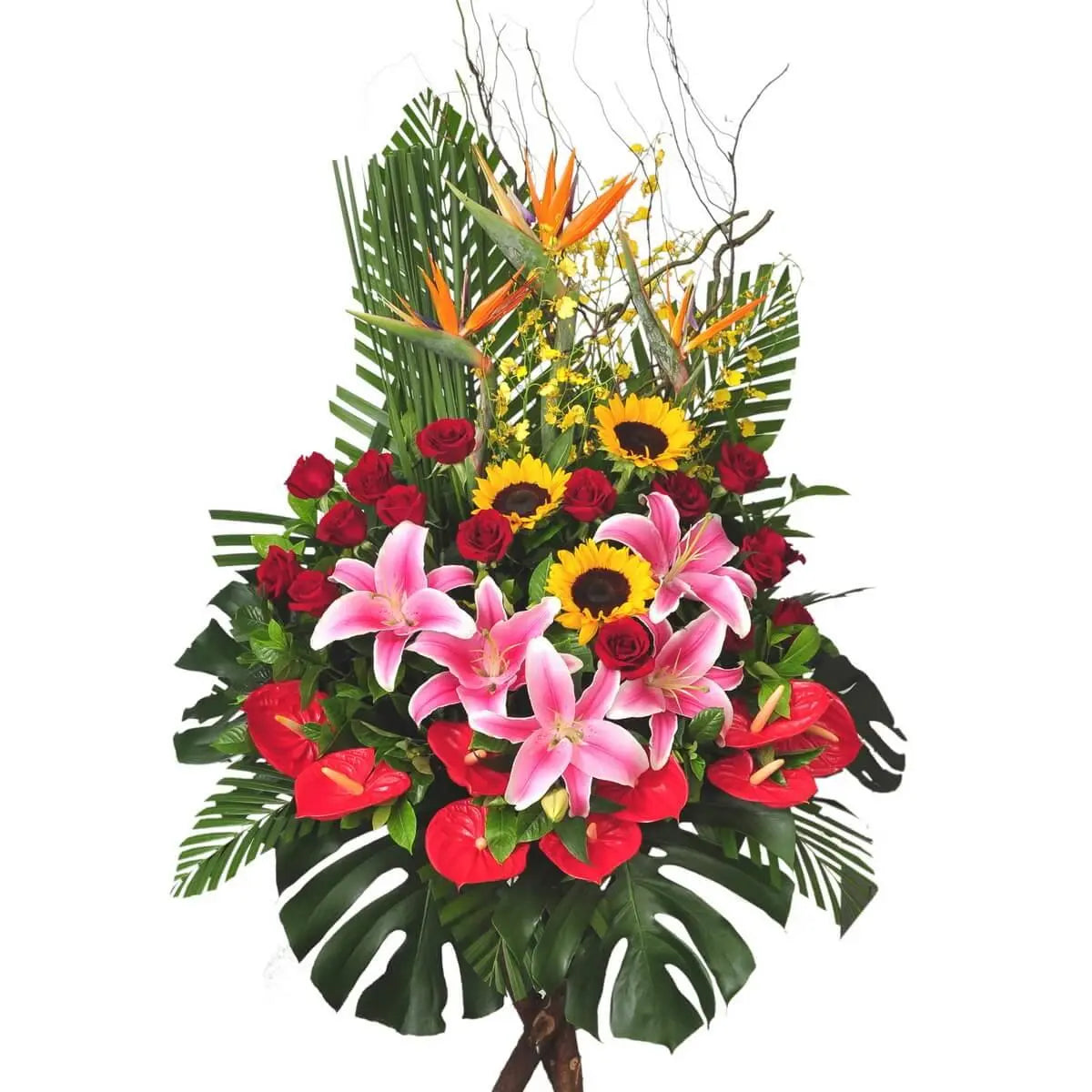 Celebratory flower stand featuring pink lilies, sunflowers, red roses, anthuriums, and tropical birds of paradise | 喜慶開張花籃:粉百合、向日葵、紅玫瑰、火鶴與天堂鳥花組合,熱烈繽紛。
