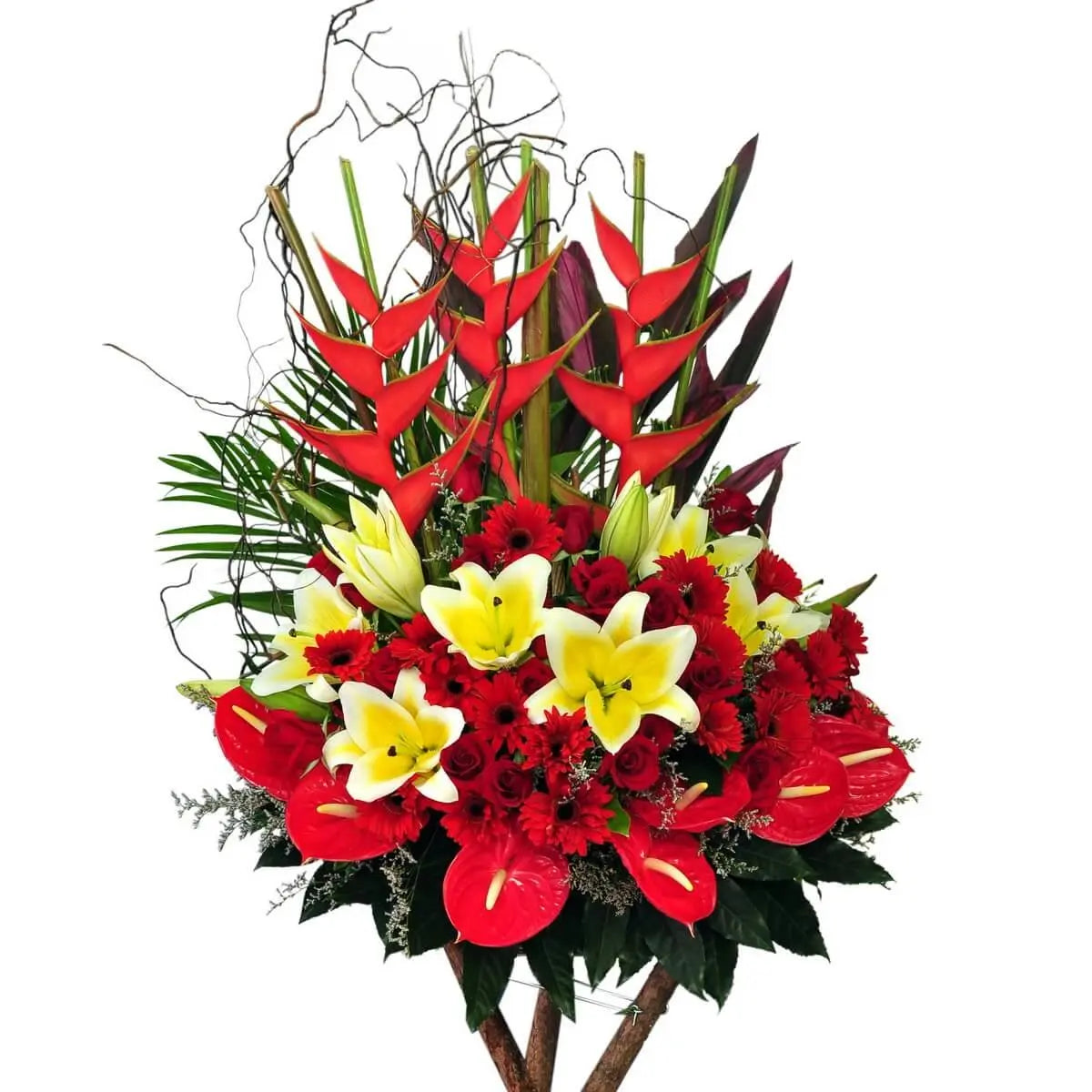 Celebration flower stand with heliconia, lilies, and roses | 鮮紅天堂鳥、艷黃百合與紅玫瑰搭配,展現熱情與喜氣,為開幕、升遷或慶典增添光彩,象徵事業蒸蒸日上。