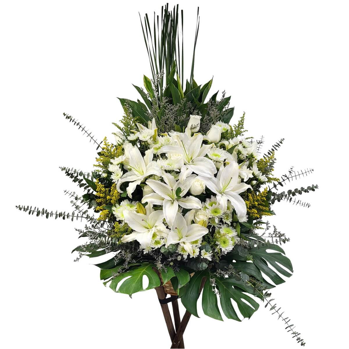 Standing spray with white lilies, roses, green-centered button chrysanthemums and eucalyptus 白色百合、玫瑰、綠心乒乓菊配尤加利葉立式花牌