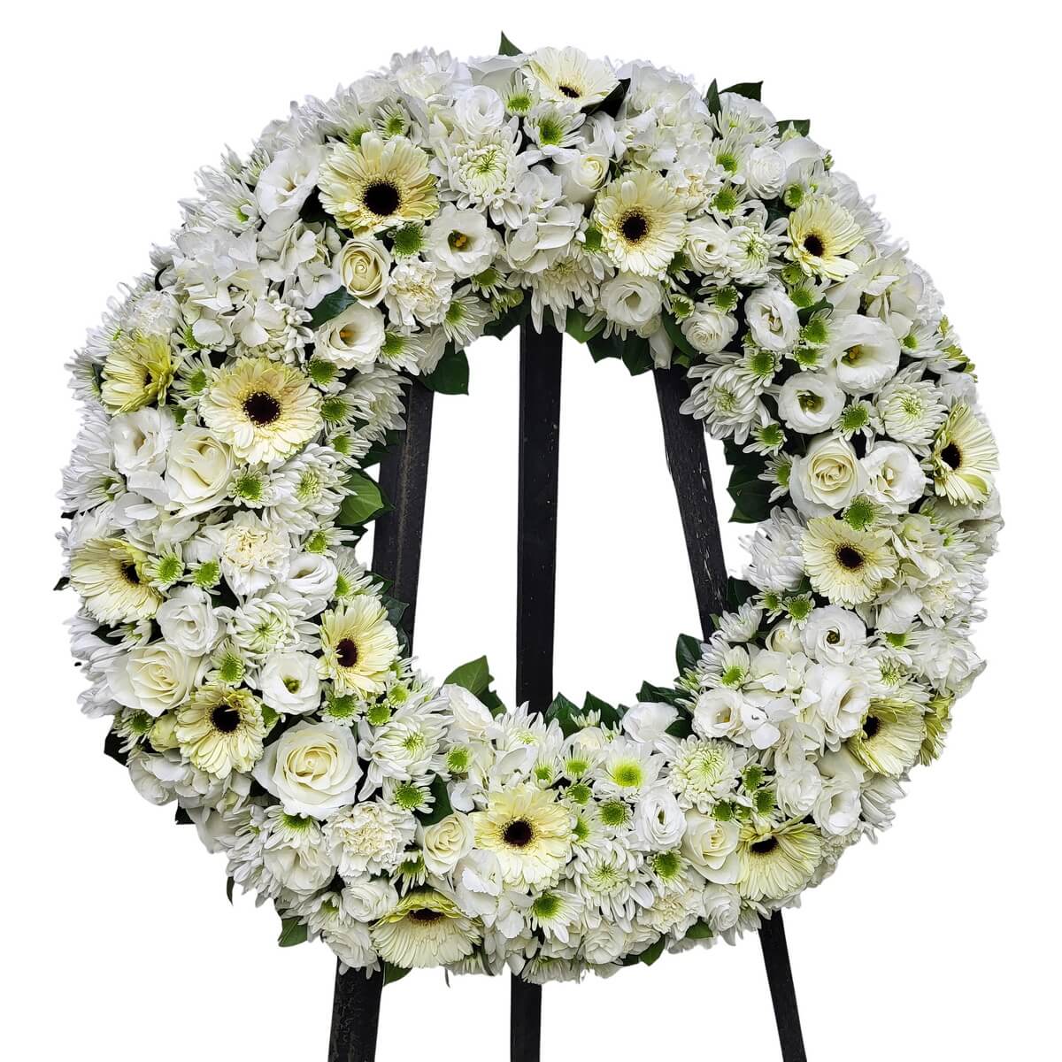 White condolence wreath with roses, gerberas and eustoma in a dense circular design on black flower stand, soft cream and white flowers 白色悼念花圈花牌 圓形設計 玫瑰 非洲菊 洋桔梗