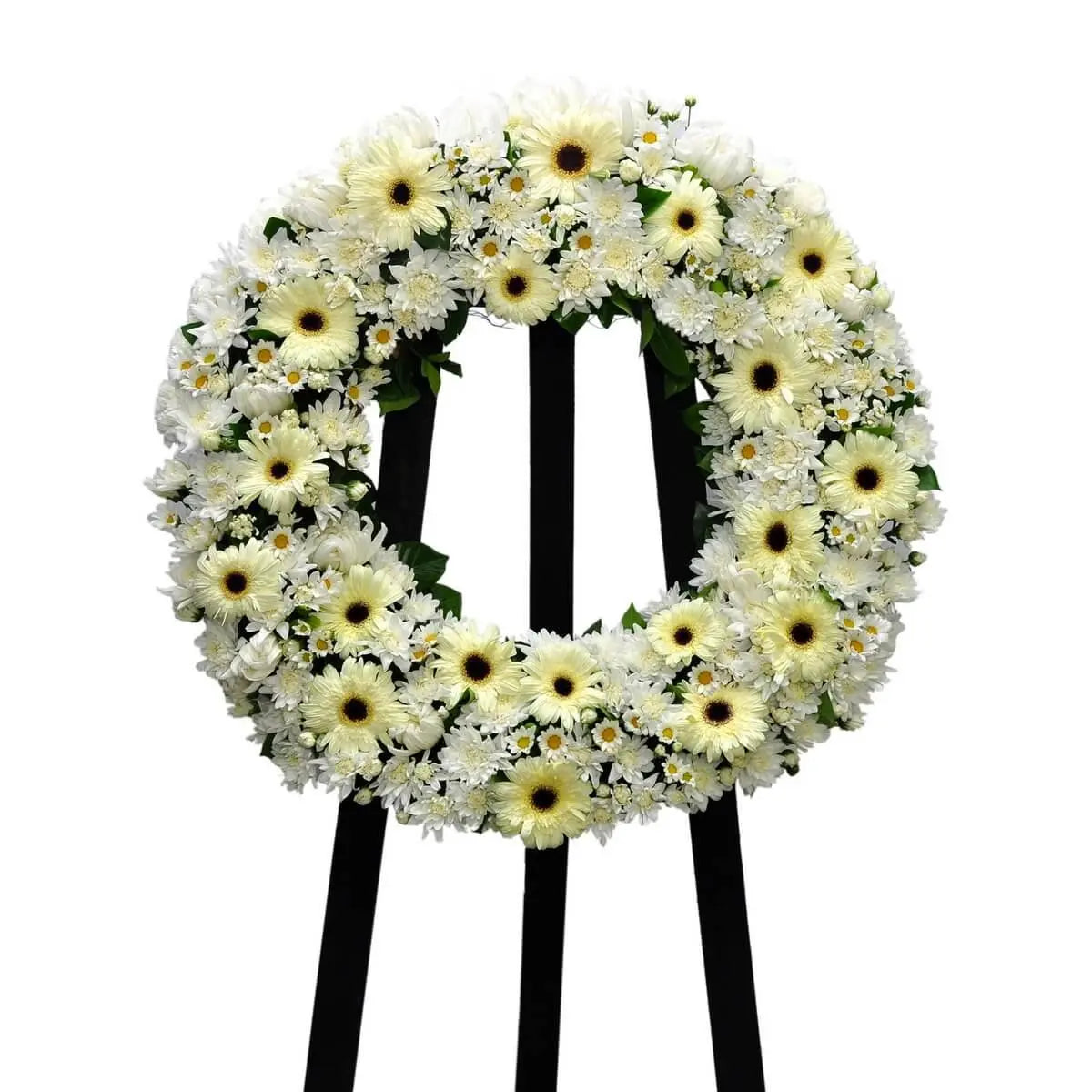 Round floral wreath featuring ivory gerberas, white chrysanthemums, and daisy spray mums with greenery. 圓形花圈由奶油太陽菊、白色菊花及白雛菊構成,襯以綠葉,設於黑色支架上。