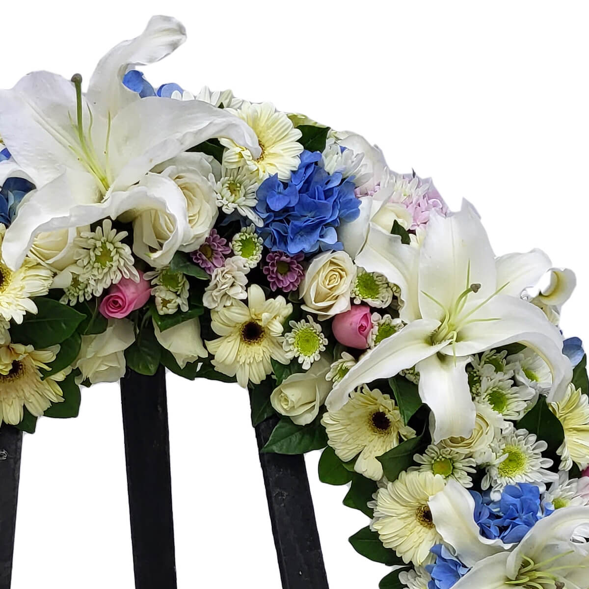 Semi-circular floral wreath with white lilies, cream and pink roses, pale yellow gerberas, blue hydrangeas, and white-green button chrysanthemums - 半圓花圈設計,配白百合、米色及粉紅玫瑰、淺黃非洲菊、藍繡球花與白綠乒乓菊