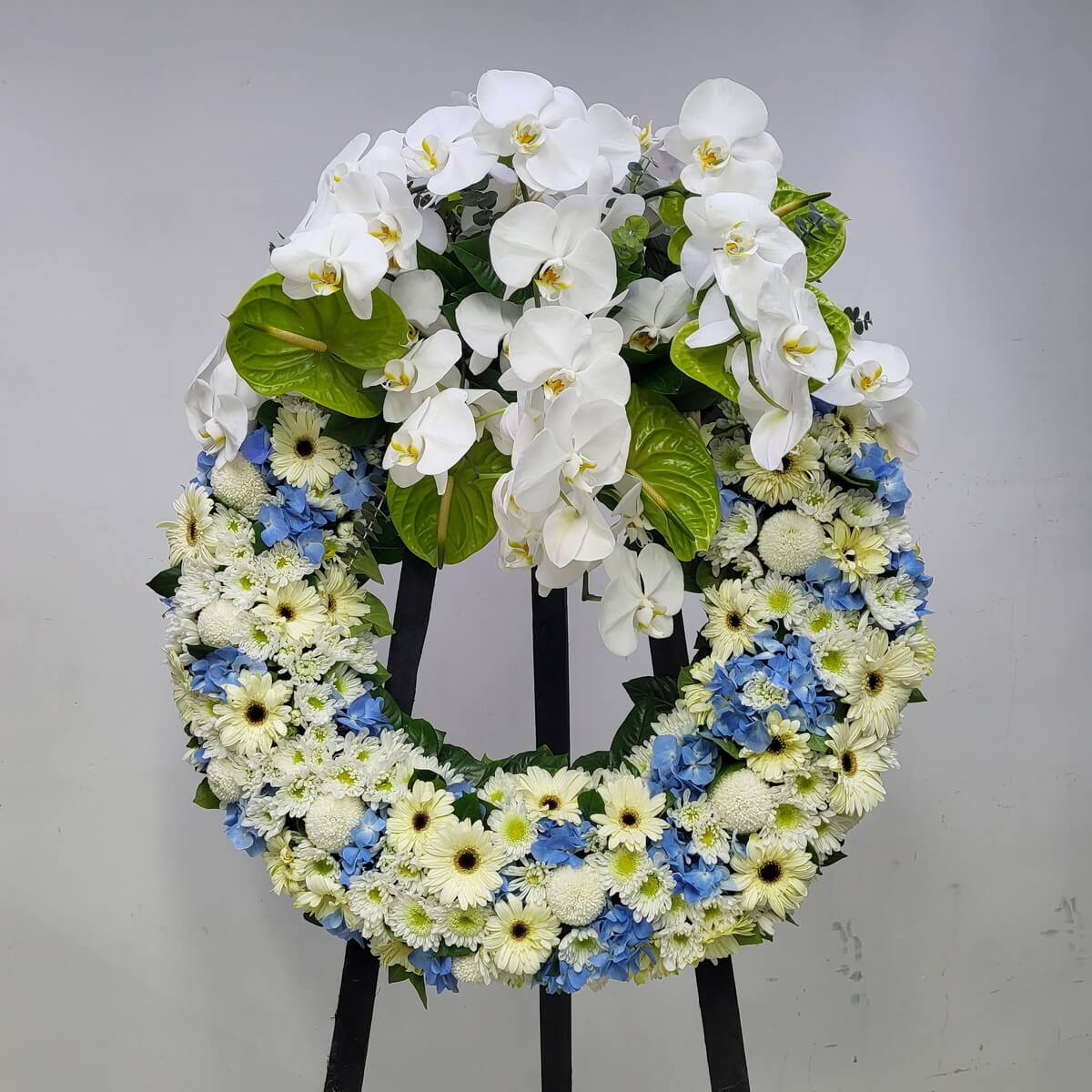Elegant condolence wreath featuring cascading white orchids, blue hydrangeas, and ivory blooms — expressing serenity and heartfelt tribute.
由白蝴蝶蘭、藍繡球與米白花朵構成的悼念花圈,傳達寧靜與深切哀思。