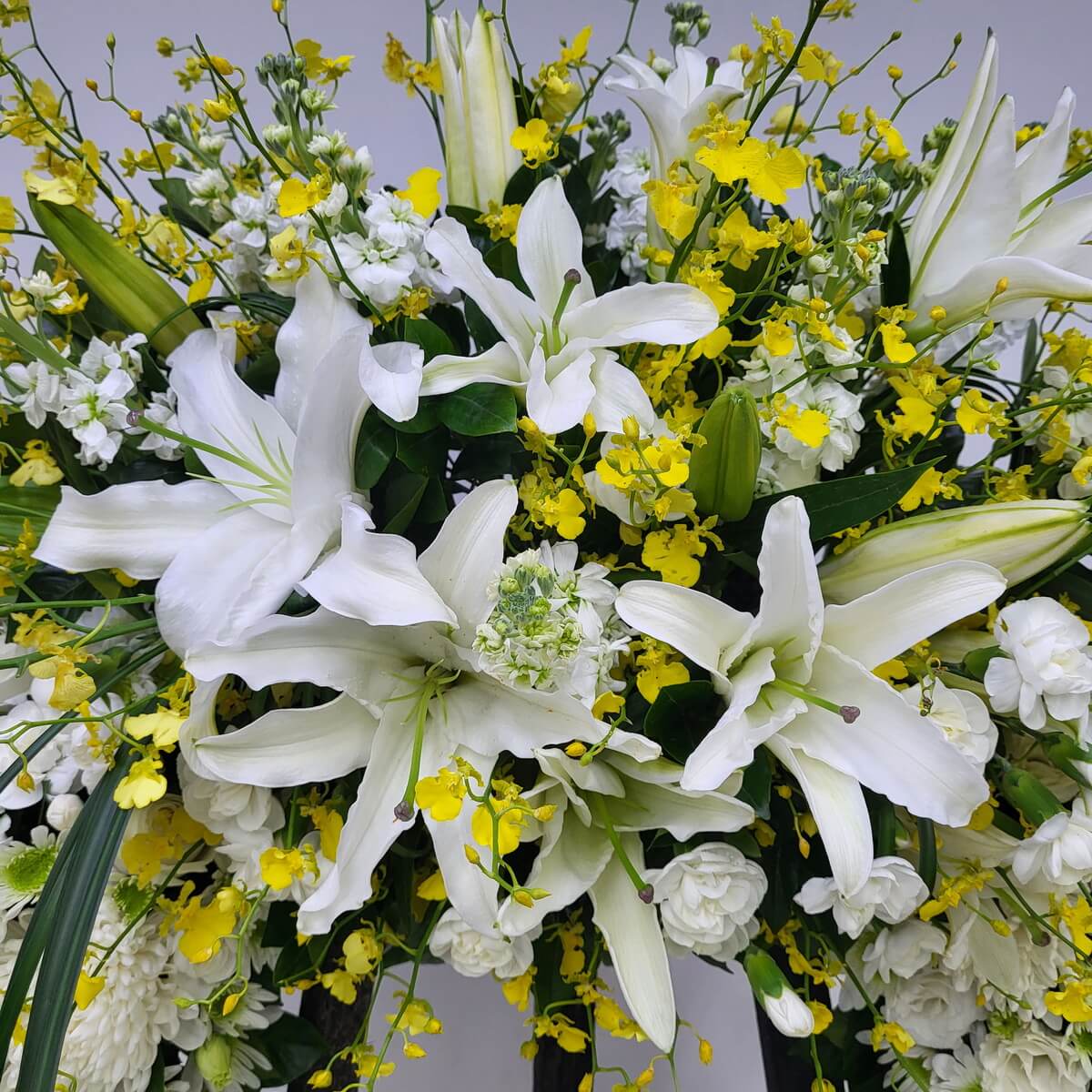 Detailed view of open white lilies with yellow oncidium orchids, white roses, and white filler flowers 白色百合盛放配黃色文心蘭、白玫瑰及白色配花的細節特寫