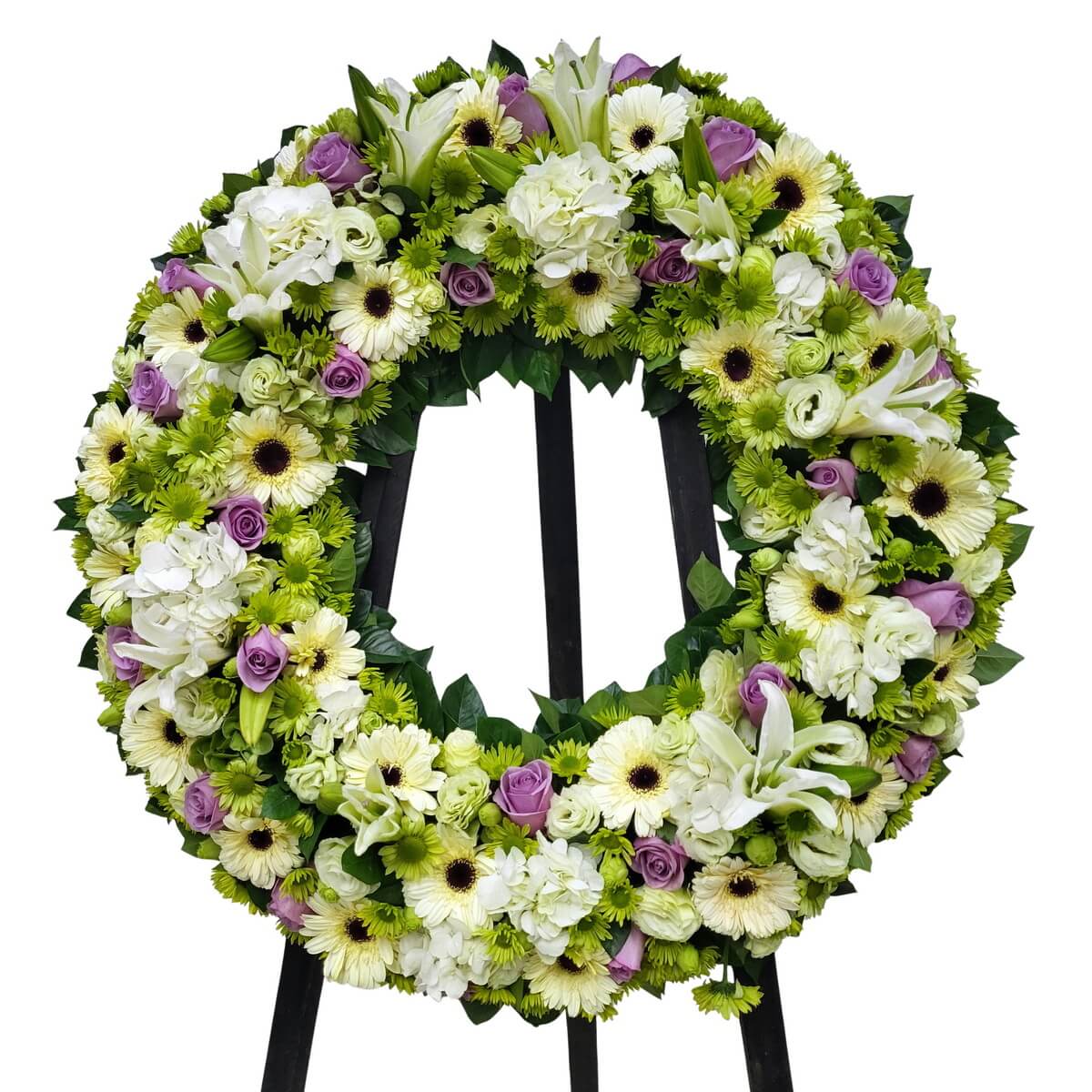 Original photo of wreath with white lilies, hydrangeas, gerberas, eustoma and lavender roses 原相花圈含百合、繡球、洋桔梗、淡紫玫瑰