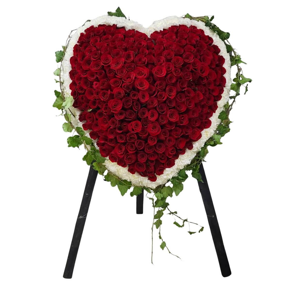 Funeral heart wreath with vivid red roses and a white carnation border | 鮮紅玫瑰愛心花圈,外圈環繞白色康乃馨與綠葉,表達摯愛與懷念,適用於告別式、追思會或情人節。