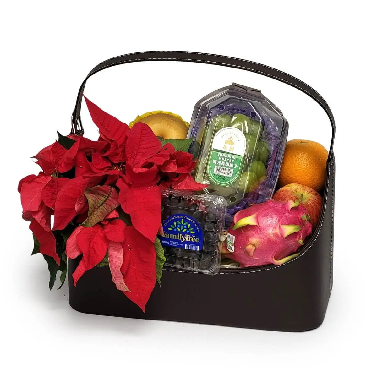 Assorted fruit gift basket with poinsettia, dragon fruit, green grapes, blueberries, oranges, apples, and pomelo | 精選水果禮籃,內有聖誕紅、火龍果、青提、藍莓、橙、蘋果及柚子,配深色皮革手提籃。