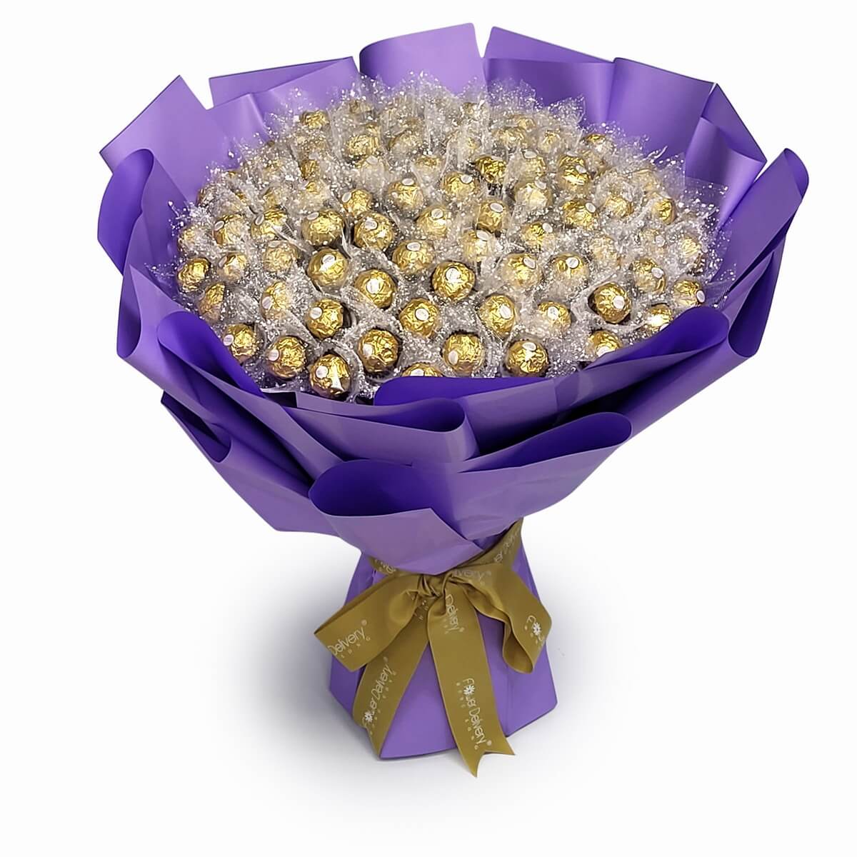 Arrangement of gold-wrapped chocolates styled as a bouquet in layered purple paper and finished with a gold ribbon | 金色包裝朱古力花束設計,以層次紫色包裝紙包裹,綁以金絲帶裝飾