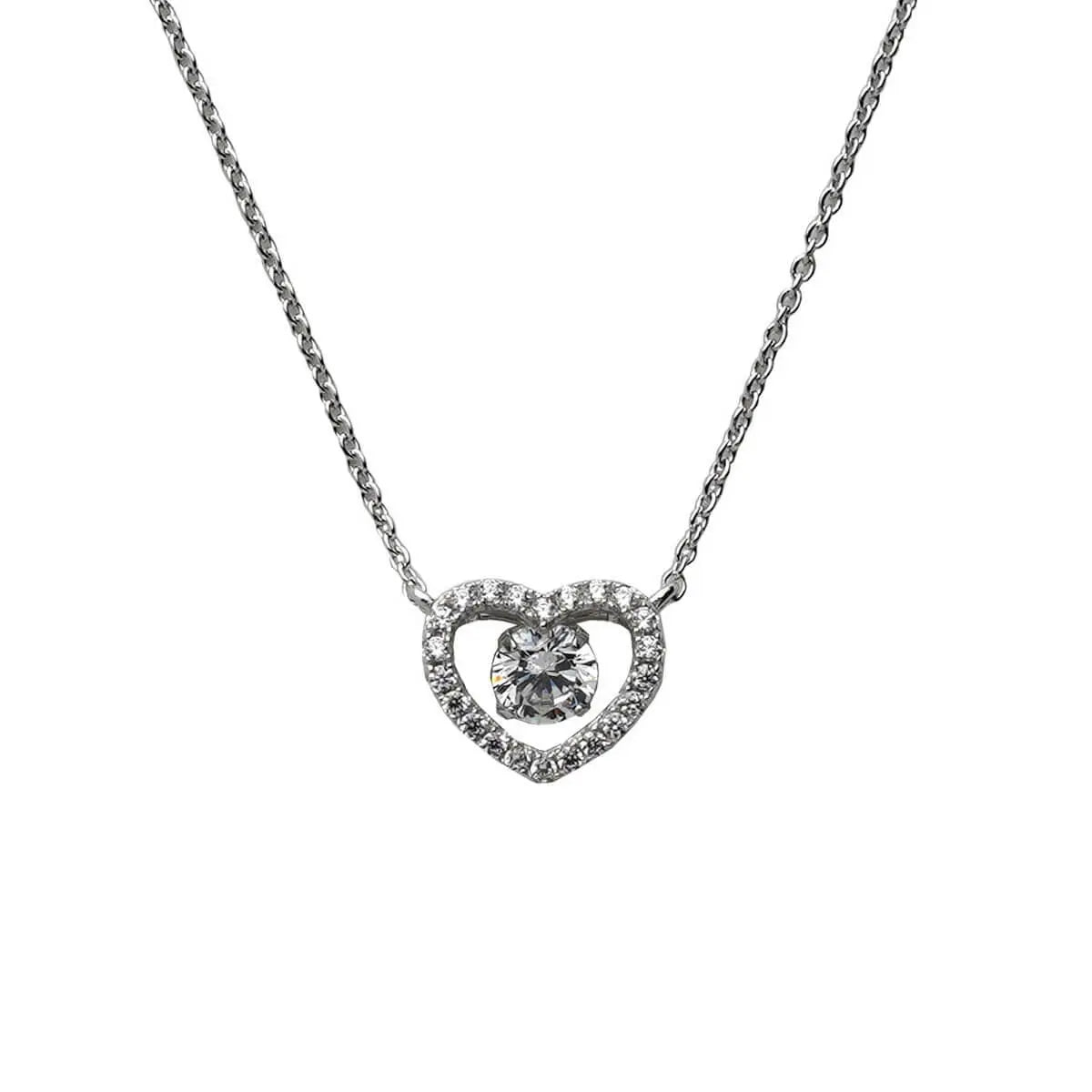 Delicate silver necklace featuring a pavé-outlined heart pendant with a round-cut center stone - 銀色吊墜項鍊,心形輪廓鑲滿閃亮水晶,中央嵌有單顆圓形主石,設計典雅。