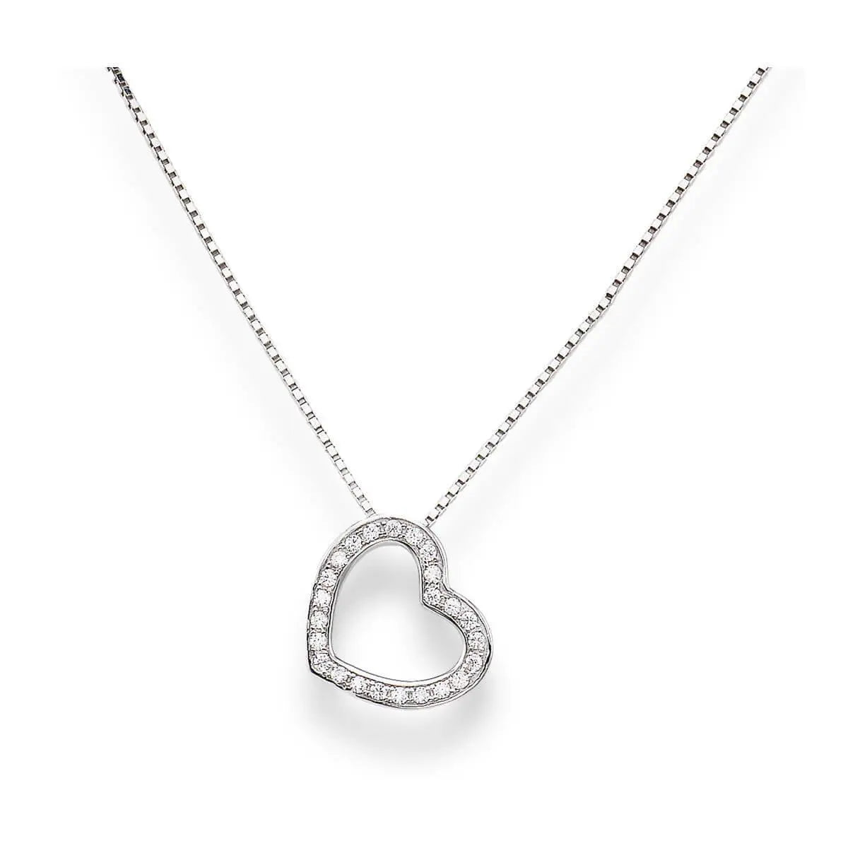 Open heart pendant necklace in silver, accented with clear pavé-set stones along the contour and suspended from a fine box chain - 銀色心形鏤空吊墜項鍊,輪廓鑲滿閃爍水晶,搭配幼身方格鏈設計。