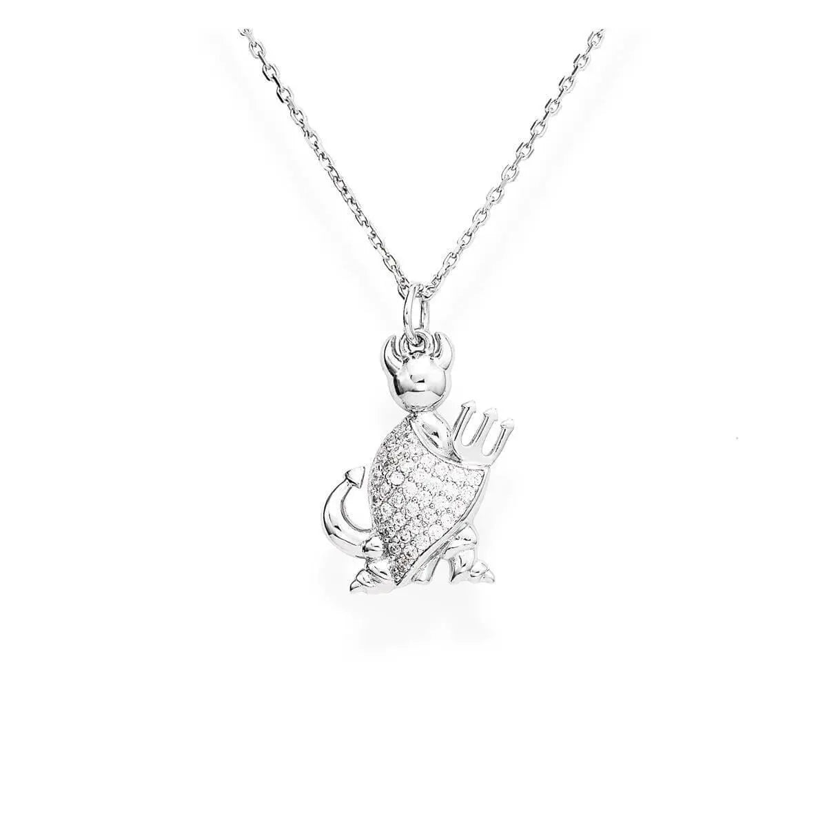 925 sterling silver devil pendant with pavé-set zirconia stones, featuring horns, tail, and trident on a silver chain  | 925纯银恶魔造型吊坠,镶嵌锆石,配有犄角、尾巴与三叉戟,搭配银链条