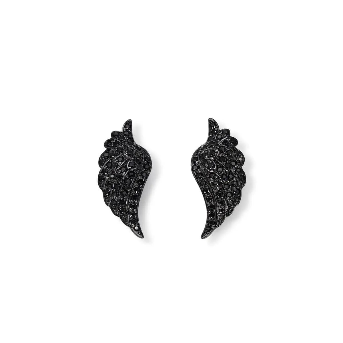 Black stud earrings in a wing shape, detailed with small black crystals across a feather-like structure - 黑色羽翼耳釘,鋪滿細緻黑色水晶,展現羽毛層次感設計。