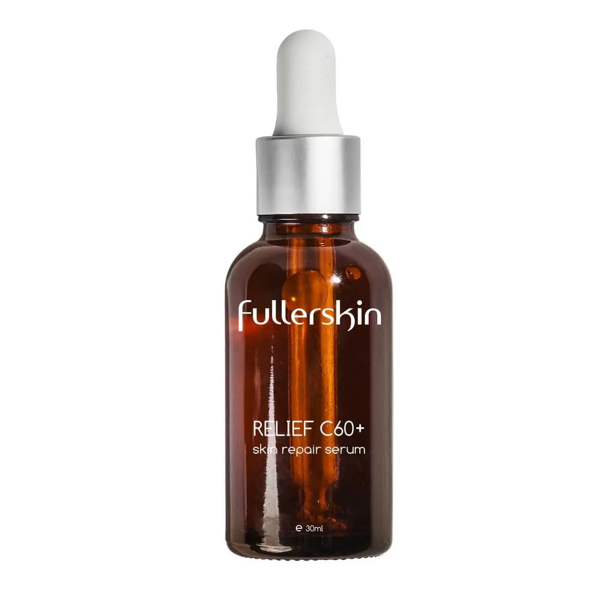 Fullerskin RELIEF C60+ skin repair serum in amber dropper bottle with silver cap, 30ml - Fullerskin C60+ 肌膚修護精華,30毫升棕色玻璃瓶,配銀色滴管蓋,外觀簡潔專業。