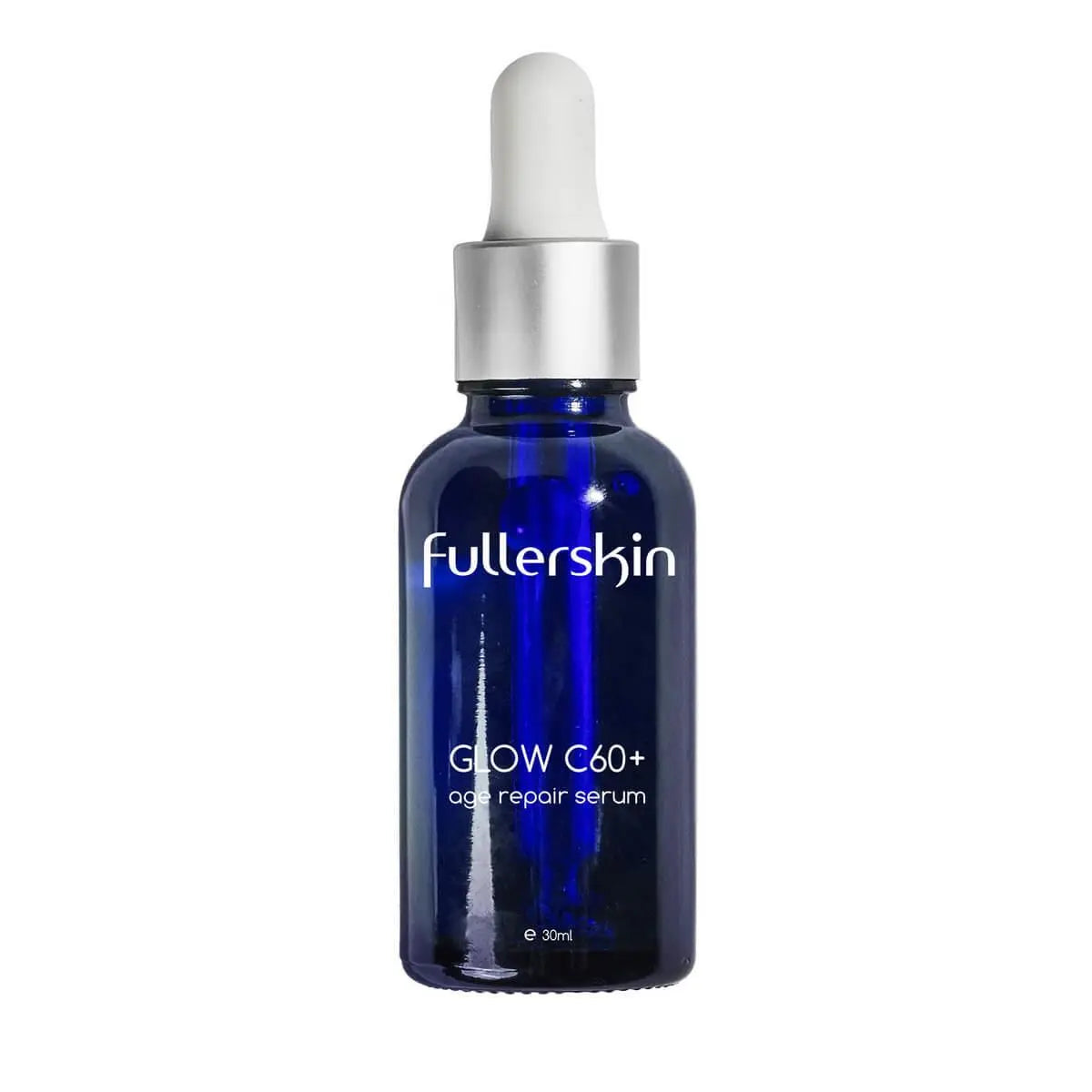 Fullerskin Glow C60+ age repair serum in a 30ml cobalt blue glass bottle with silver dropper cap for easy application | Fullerskin Glow C60+ 抗老修護精華,30毫升深藍玻璃瓶配銀色滴管,方便使用。