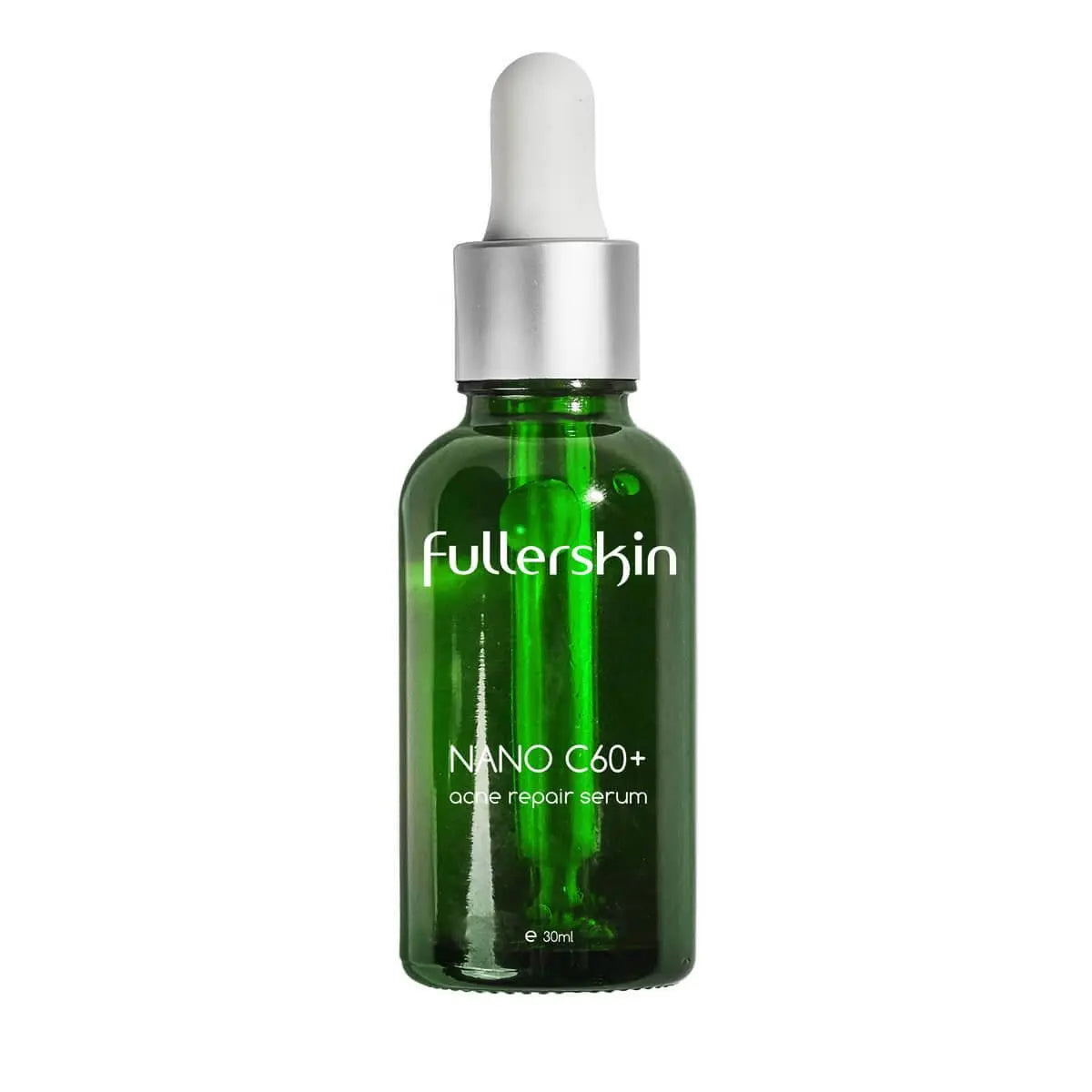Fullerskin Nano C60+ acne serum in emerald green 30ml bottle with pipette dropper and sleek silver accent | Fullerskin痘痘修護精華,30毫升綠色玻璃滴管瓶設計,瓶口配銀色金屬飾圈與白色壓頭。