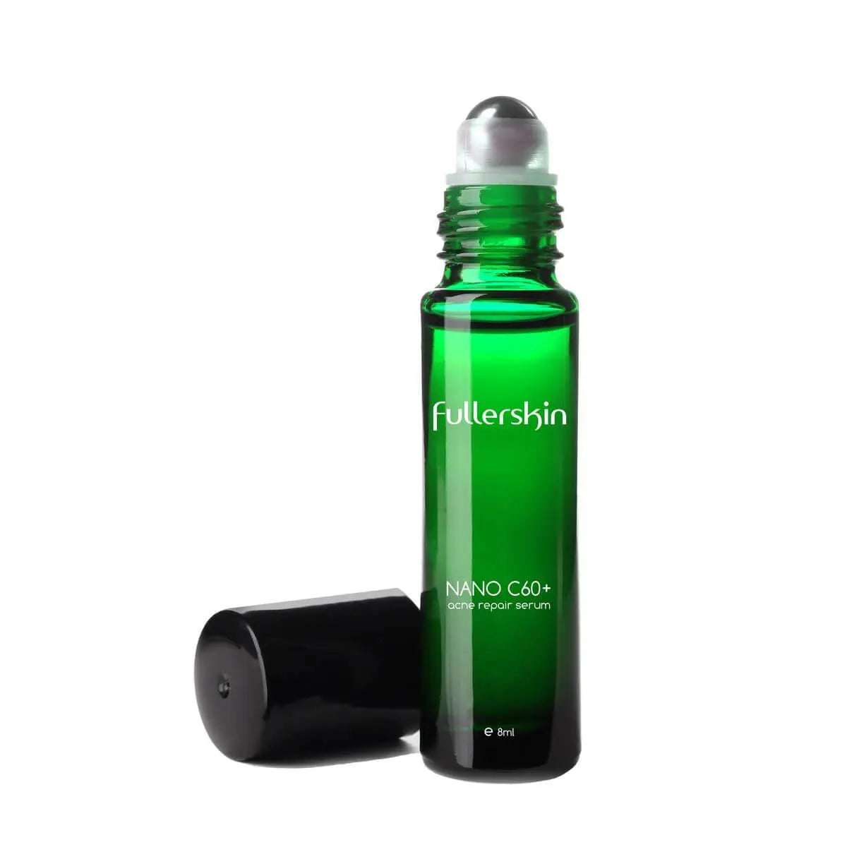 Fullerskin Nano C60+ acne serum in sleek green roller bottle with metal applicator and black screw cap, 8ml size | Fullerskin痘痘修護精華,8毫升綠色玻璃瓶身,搭配銀色滾珠與黑色瓶蓋設計。