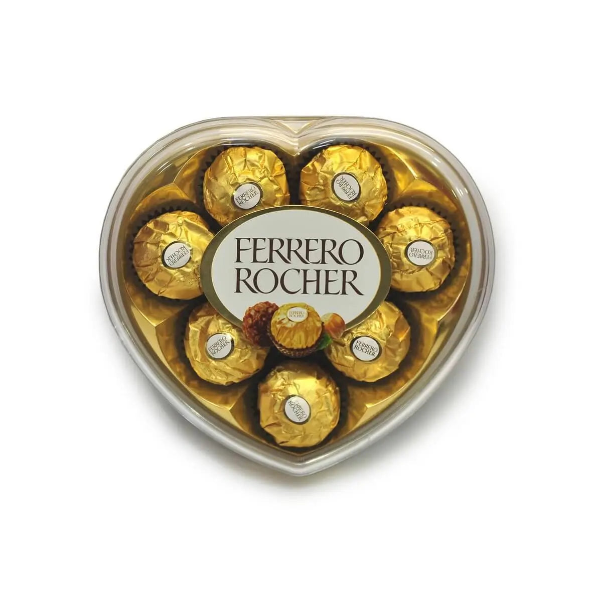Heart-shaped clear box containing Ferrero Rocher hazelnut chocolates individually wrapped in gold foil | 心形透明禮盒盛載Ferrero Rocher金箔包榛子朱古力,每粒獨立包裝。